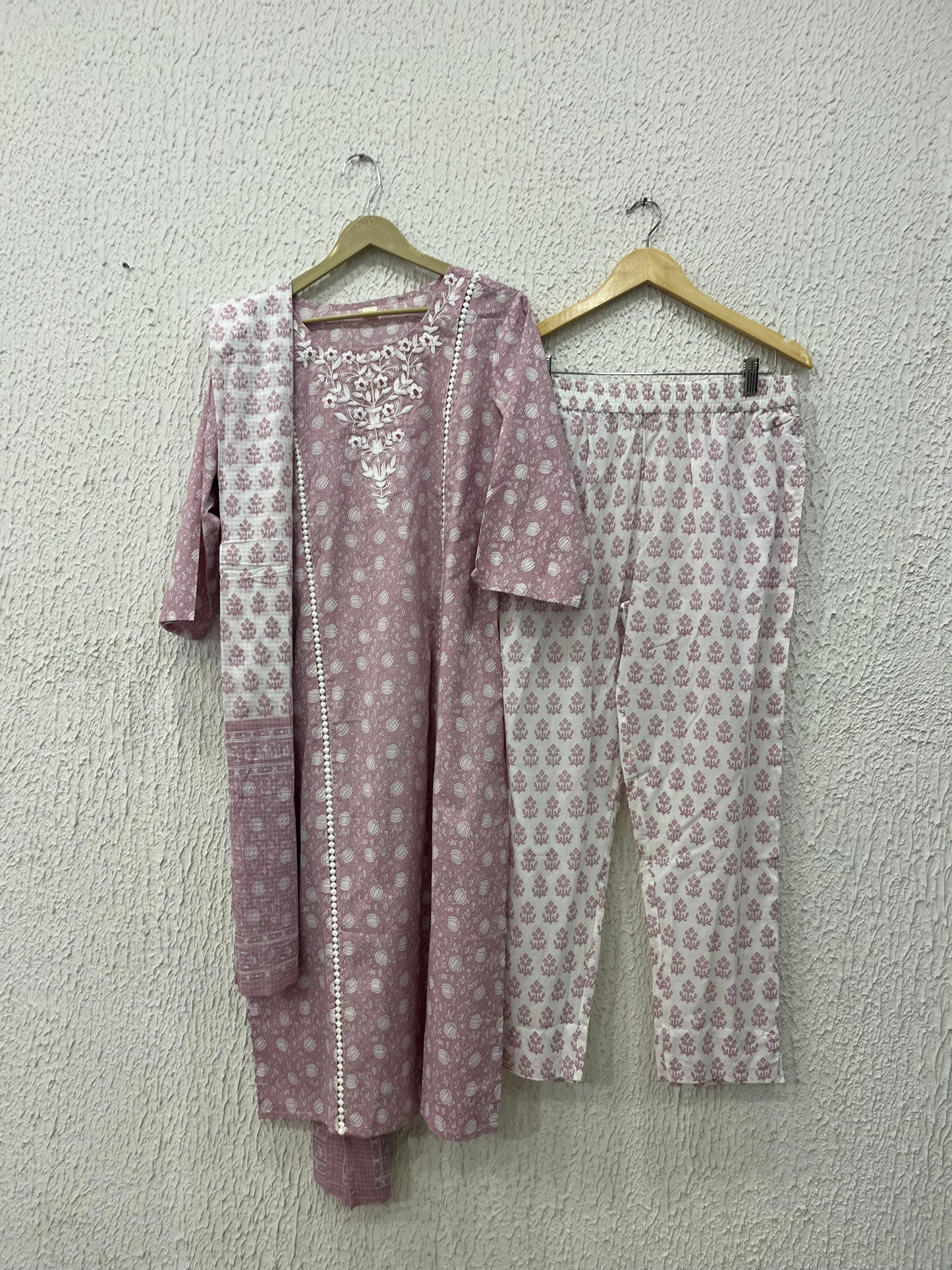 Pink printed cotton kurta set with dupatta