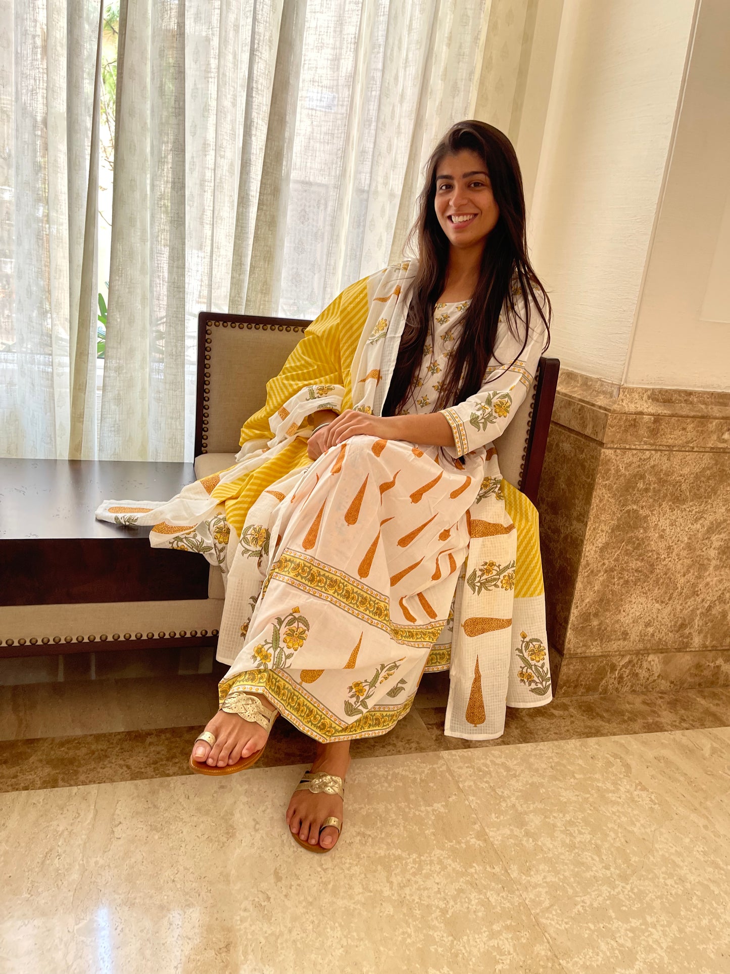 Yellow Floral Print Cotton Anarkali Suit Set