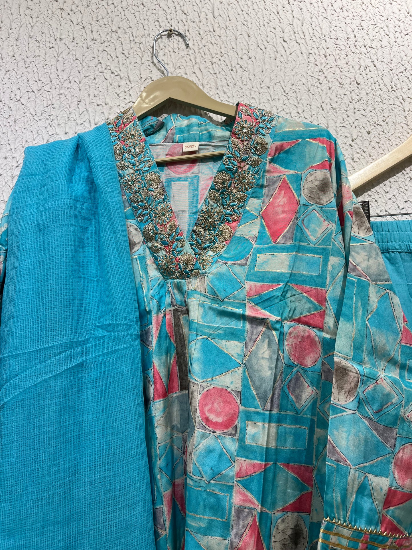Blue Muslin Suit Set With Kota Doriya Dupatta