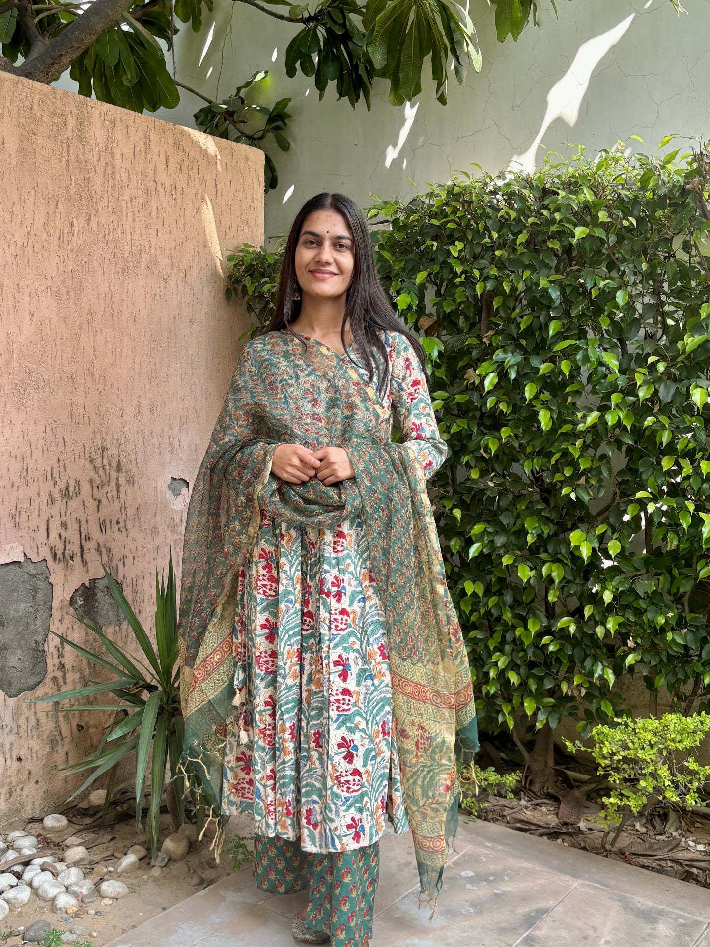 Green Handblock Printed Cotton Anarkali