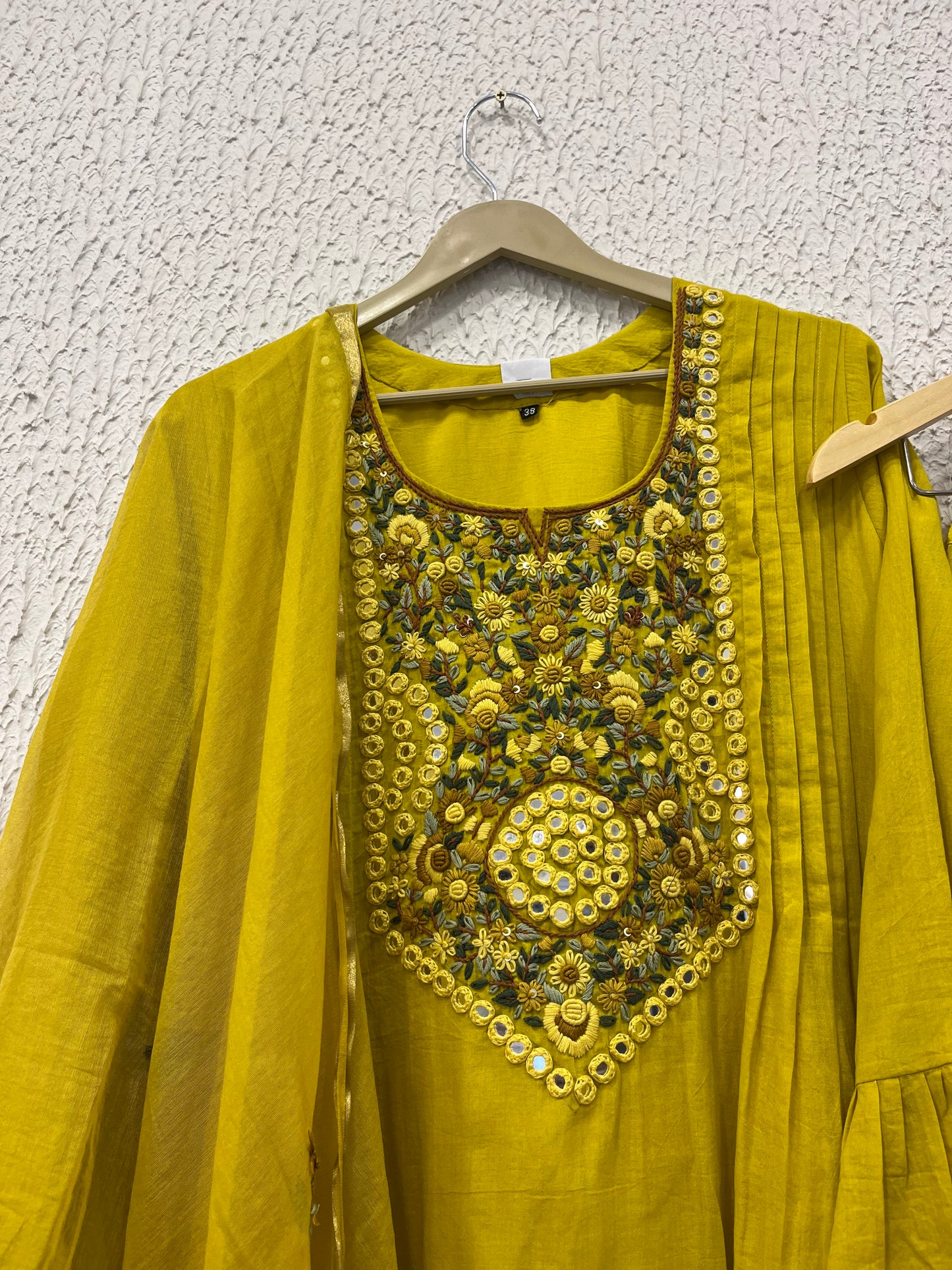 Yellow Mul Cotton Suit Set with hand katha work