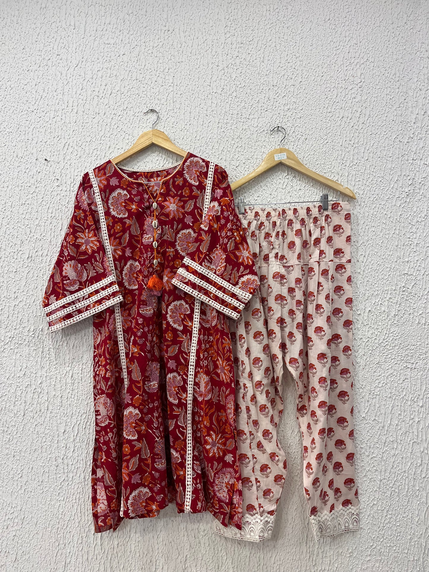 Pure hand block choga set kurta set with lace details