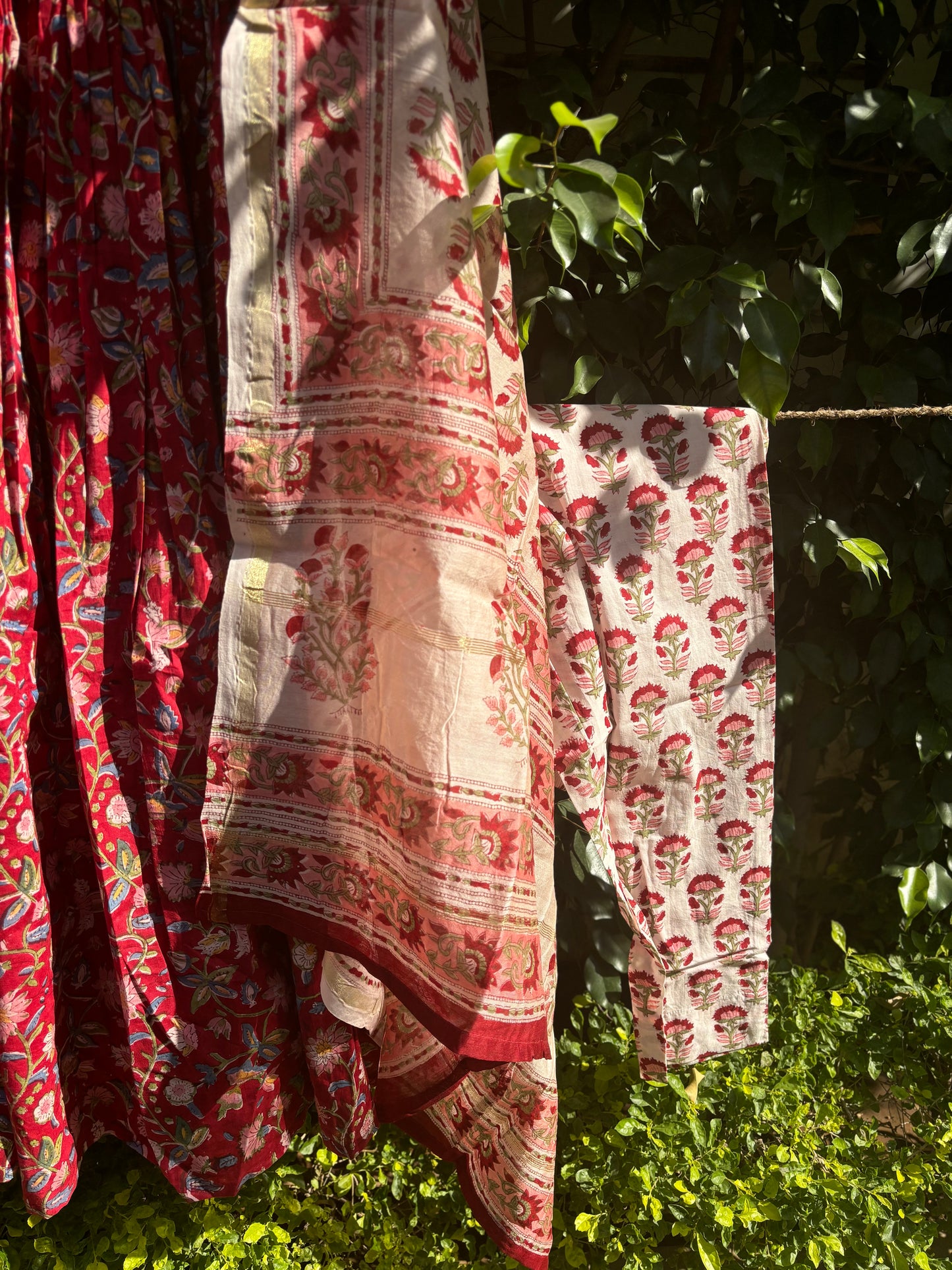 Red Pure Hand-block Anarkali Suit Set with Chanderi Dupatta