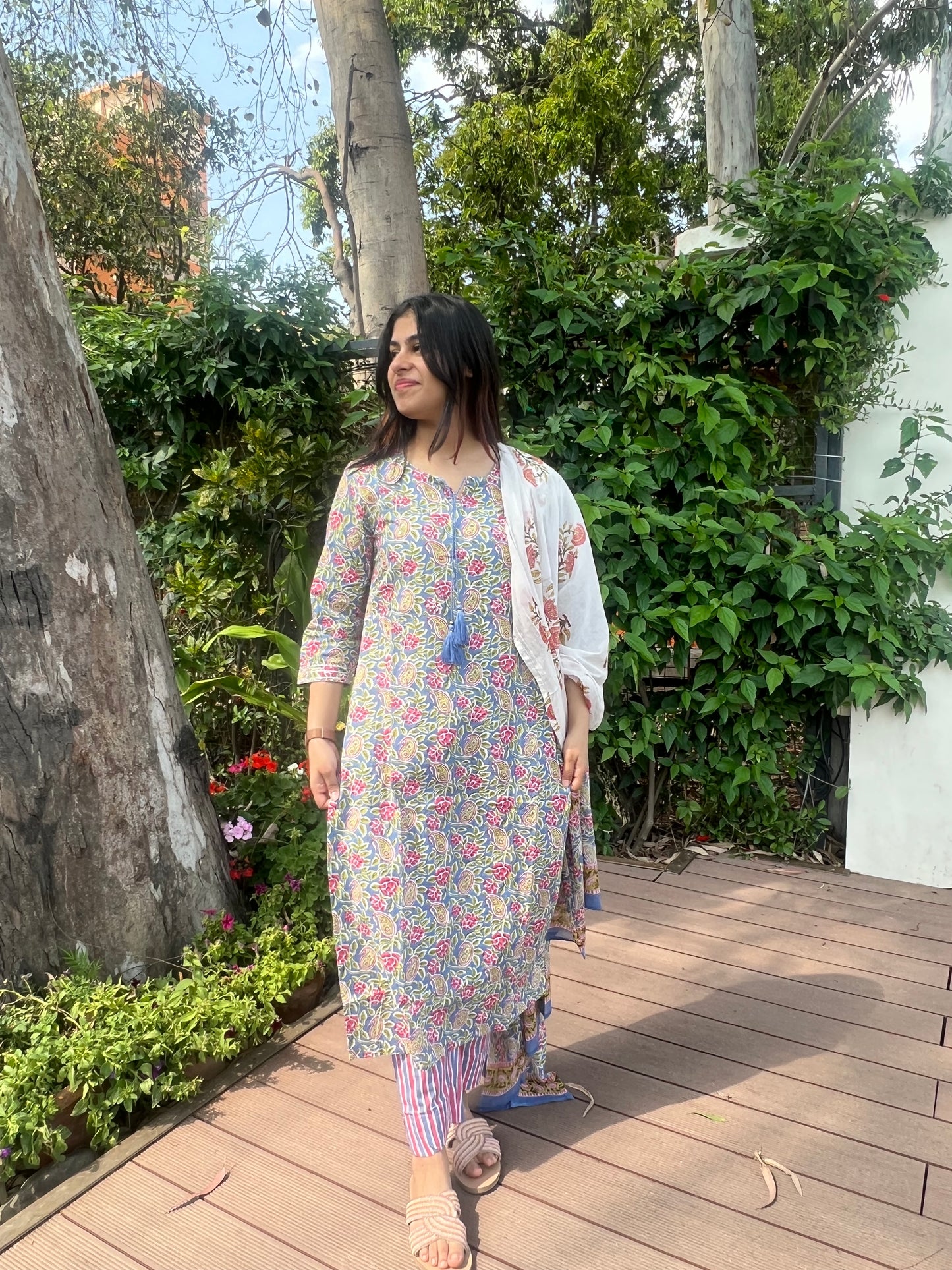 Green/Blue Jal Cotton Printed Dupatta Set.