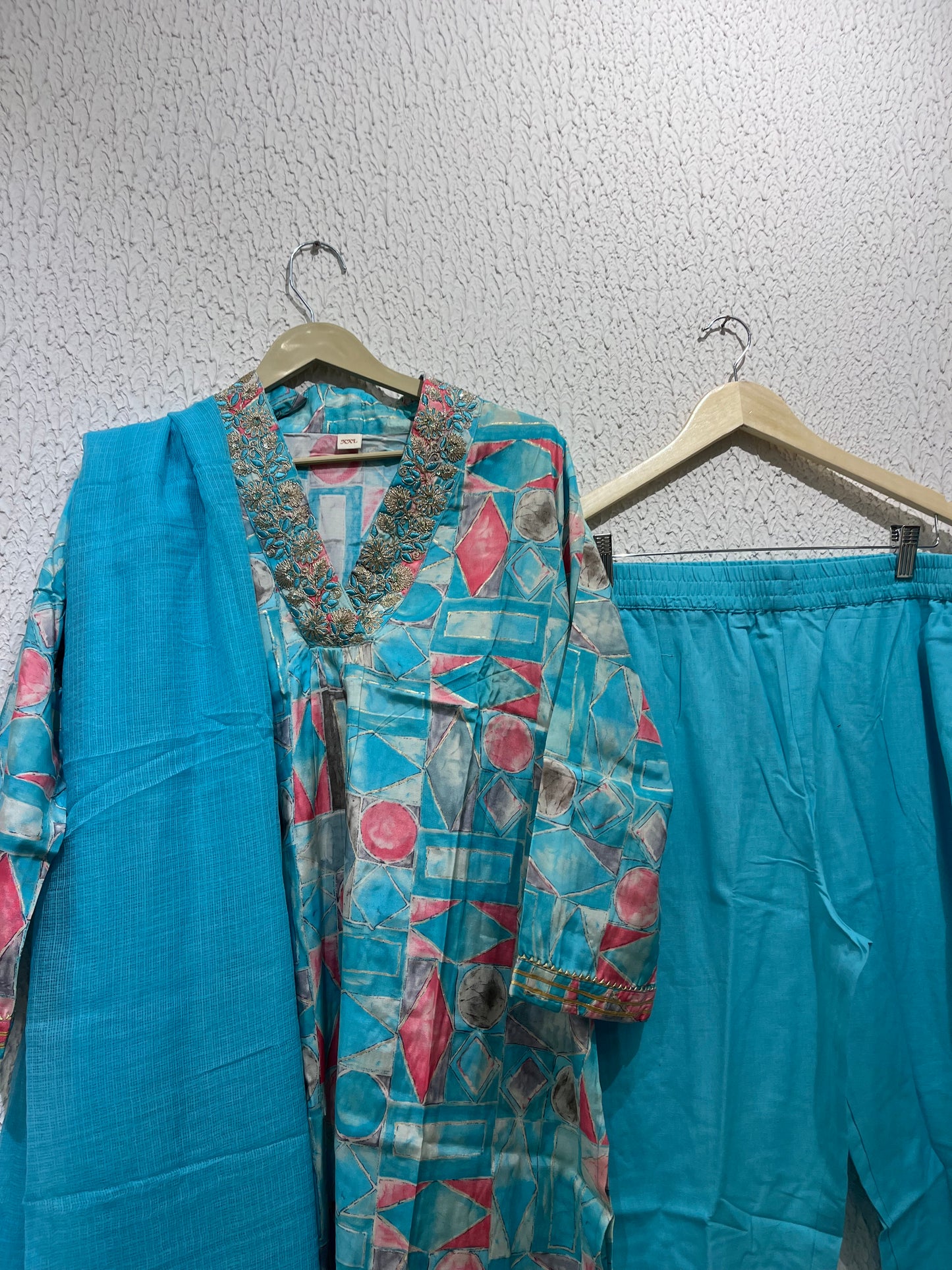 Blue Muslin Suit Set With Kota Doriya Dupatta