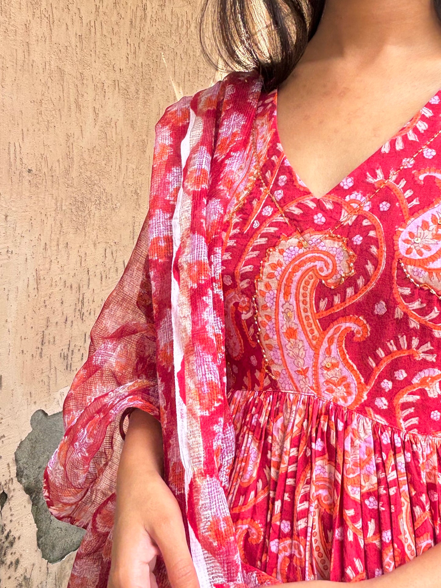 Red Handblock Printed Cotton Anarkali