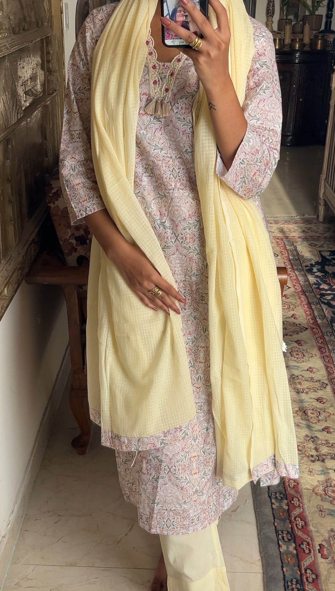 Cream Cotton Suit Set With Kota Doriya Dupatta