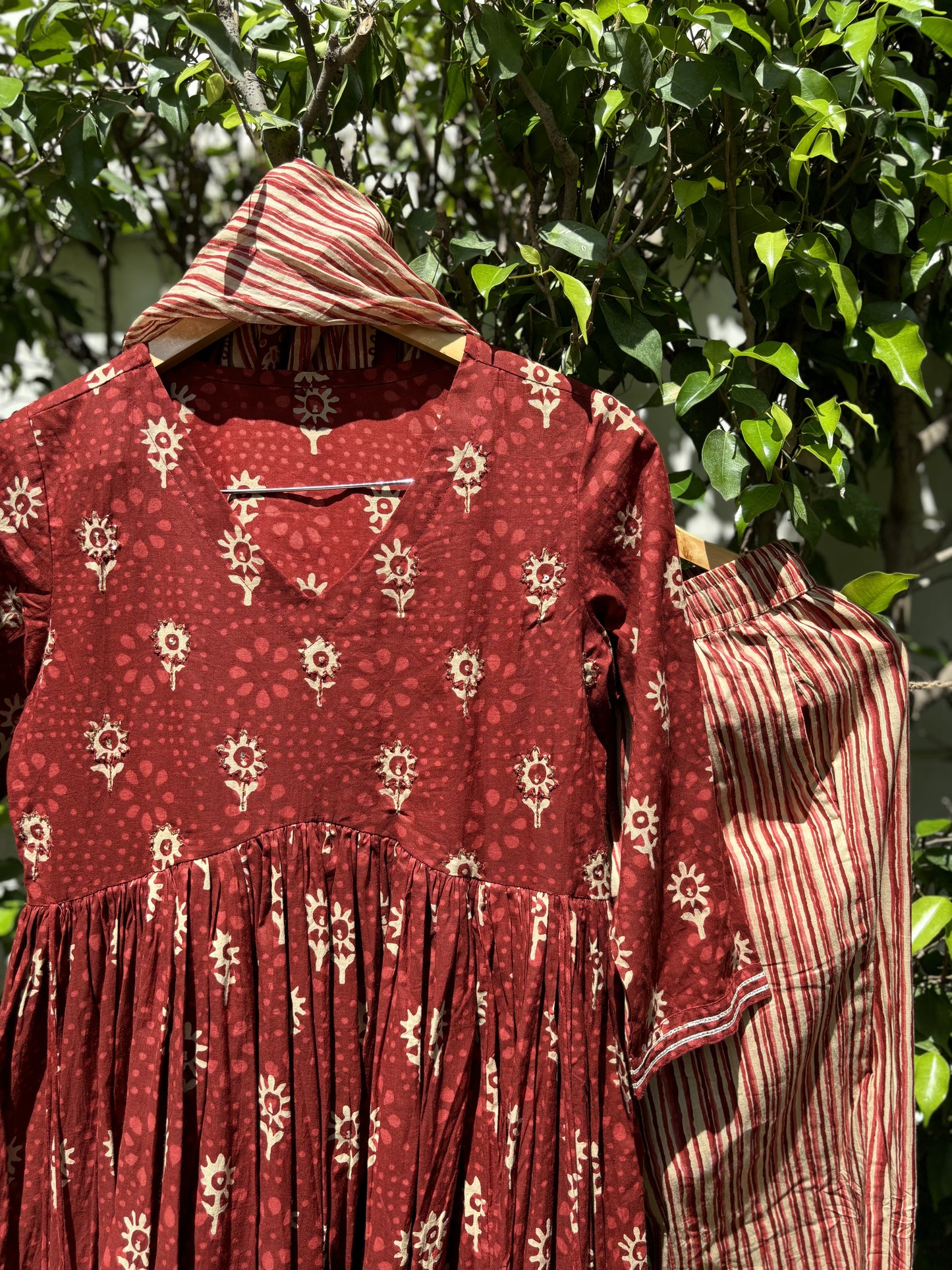 Red Dabu Cotton Anarkali Suit Set