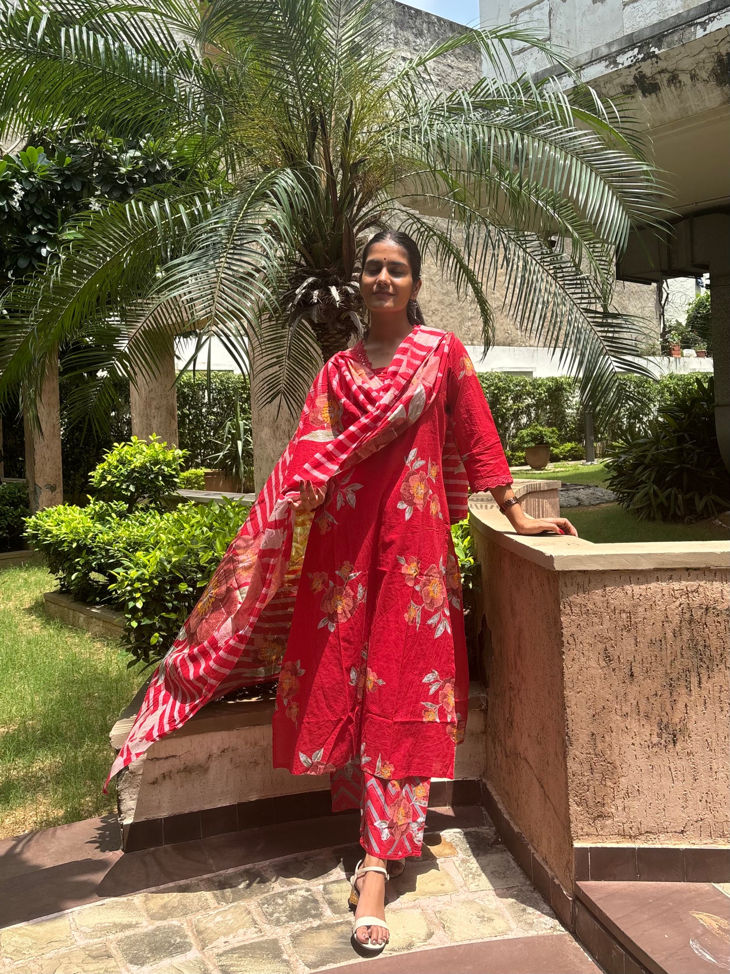 Floral Cotton Suit Set with Printed Dupatta