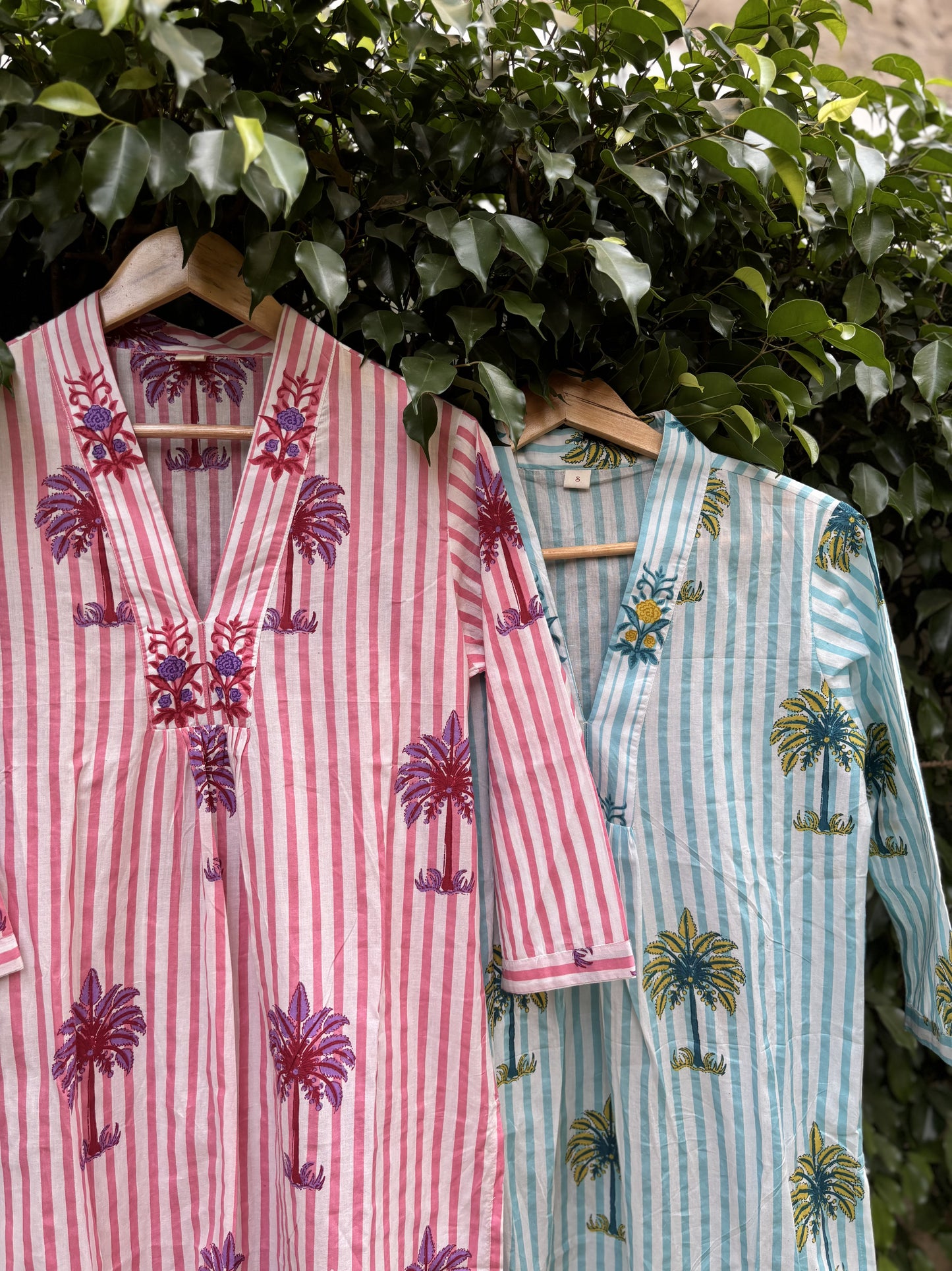 Pink Stripes Floral Printed Cotton Straight Suit Set