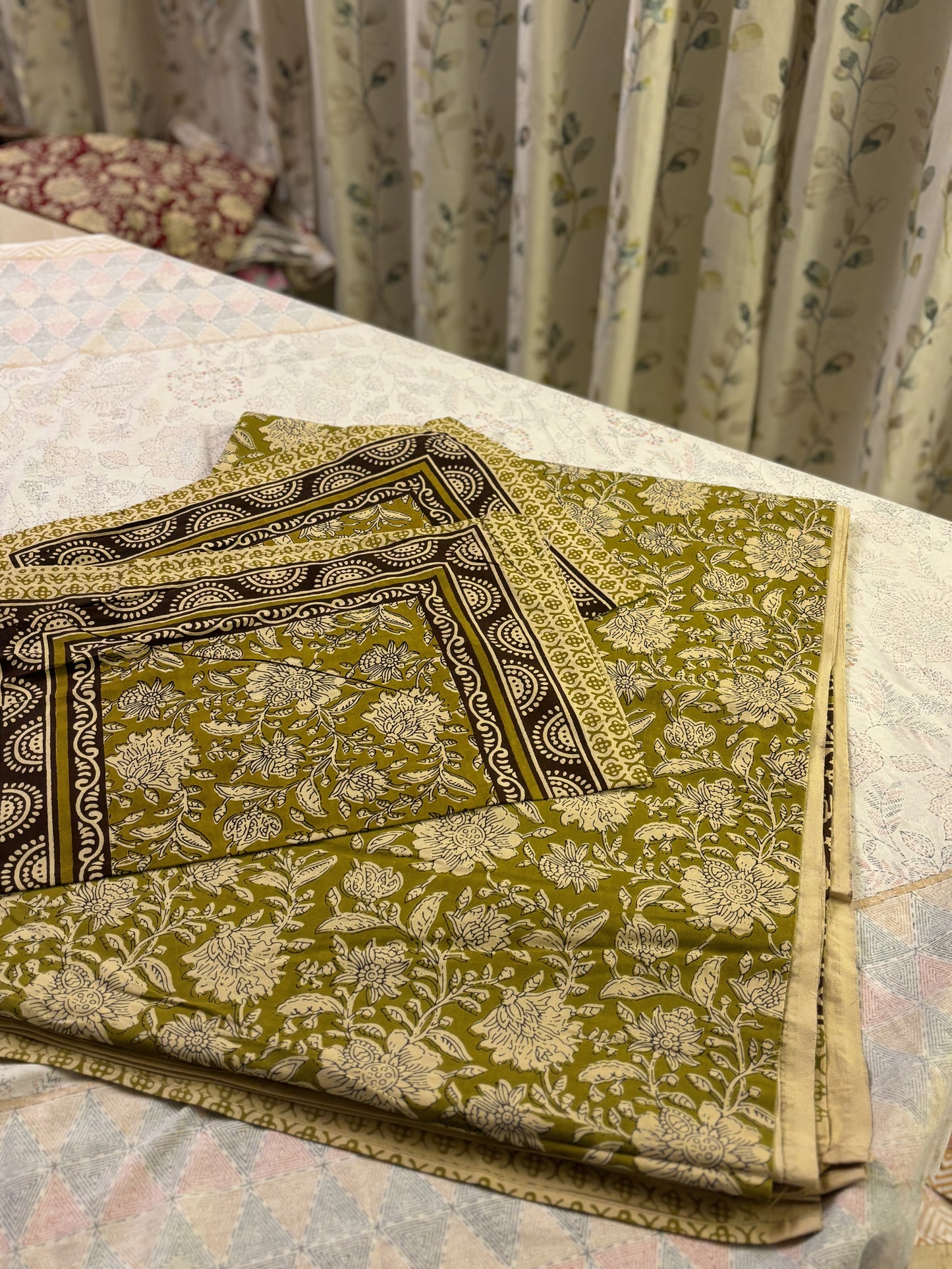 Pure Cotton Floral Block Print Bedsheet (Olive Green)