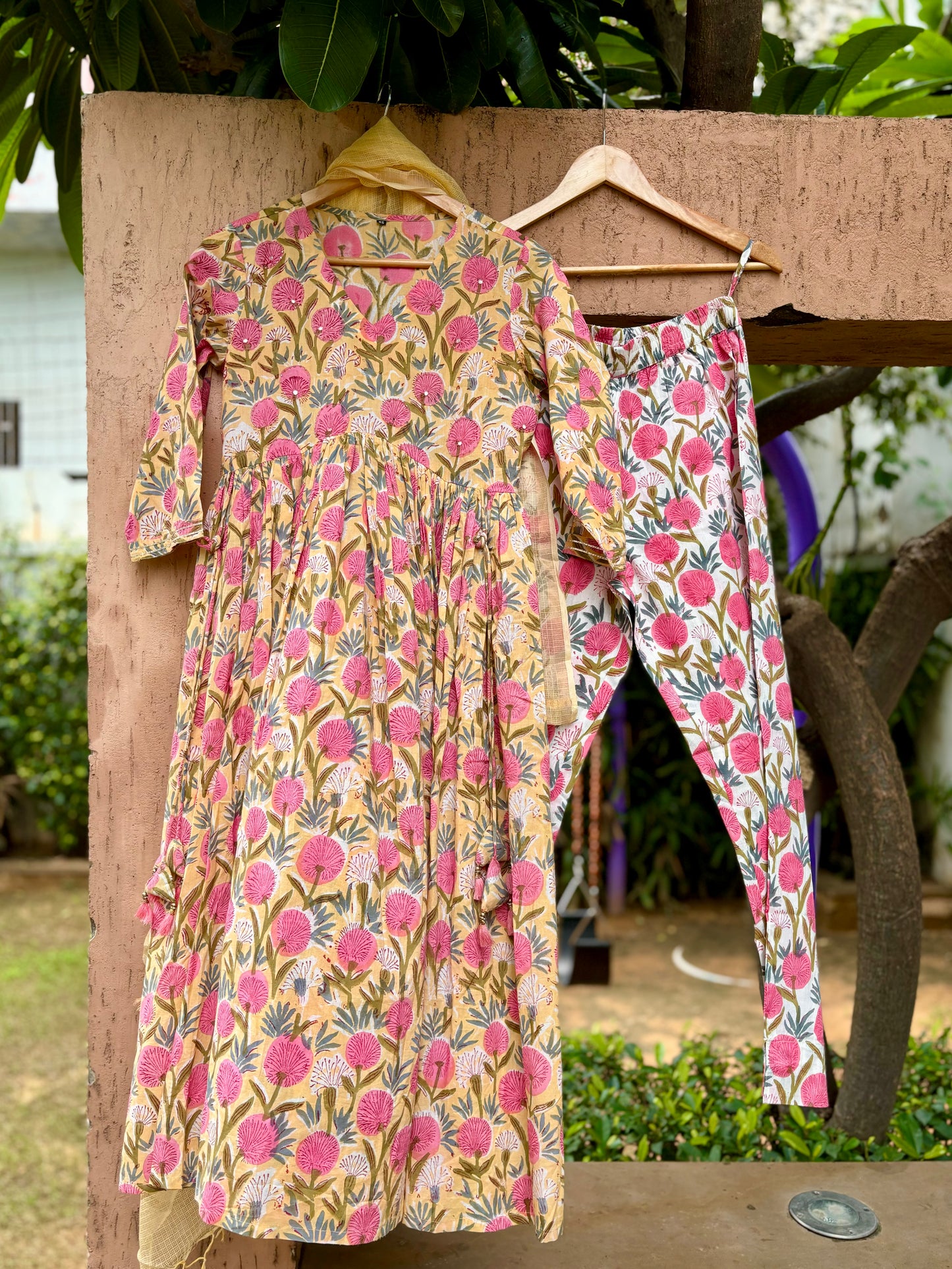 Yellow Floral Print Pure Hand-block Anarkali Suit Set