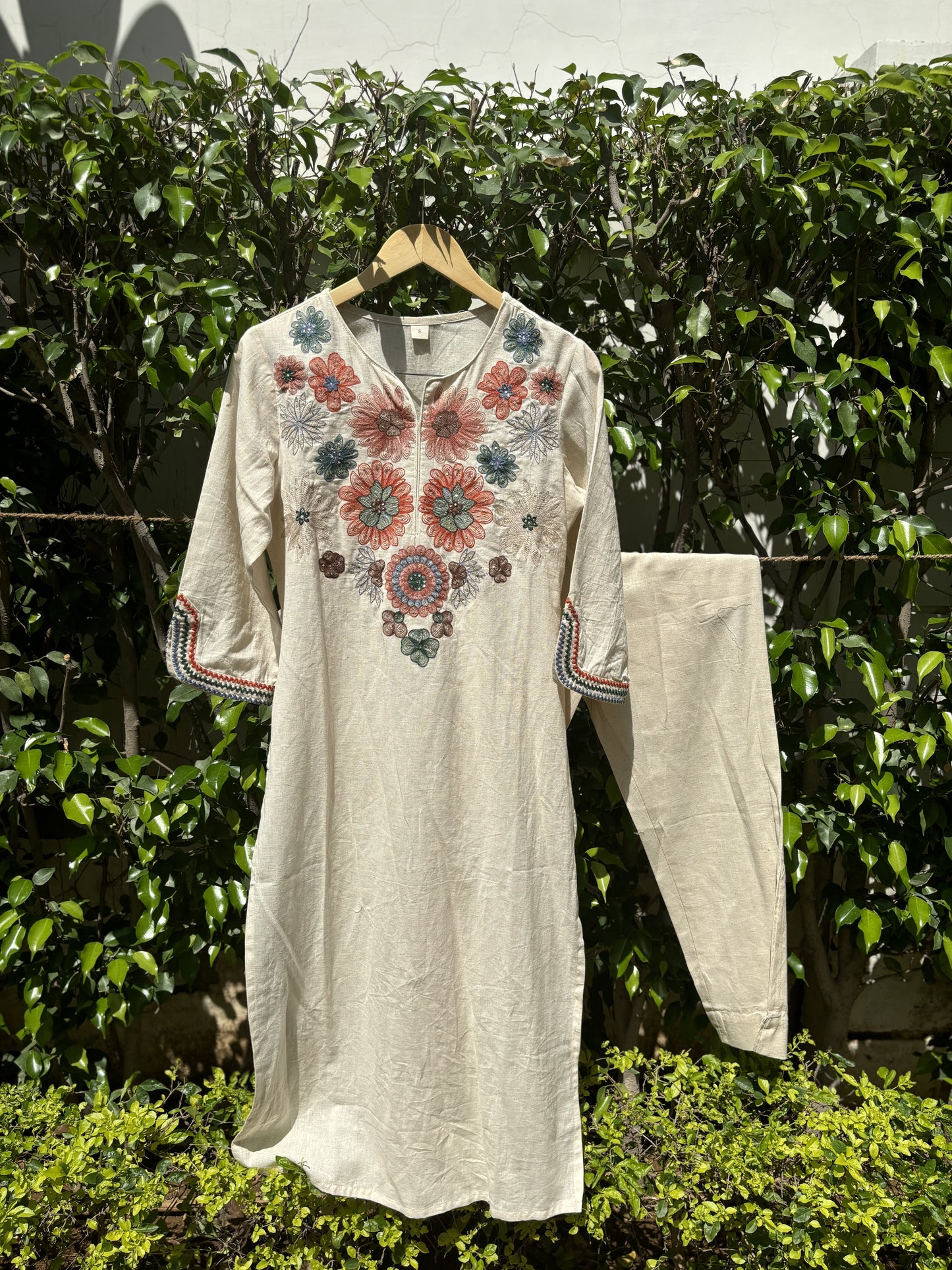 Cream Embroidered Kurta Pant Set