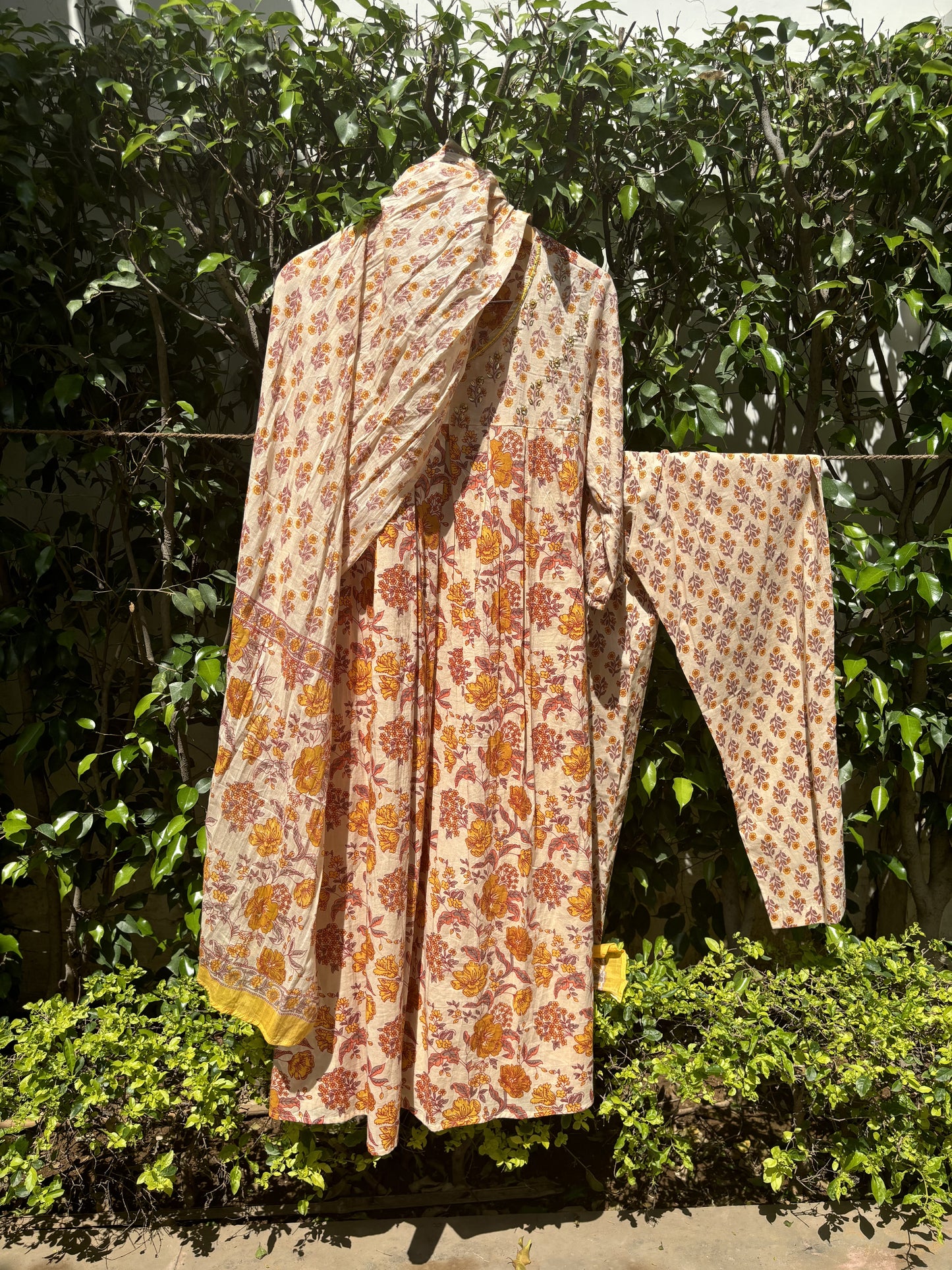 Yellow Block Print Nayra Anarkali Suit Set