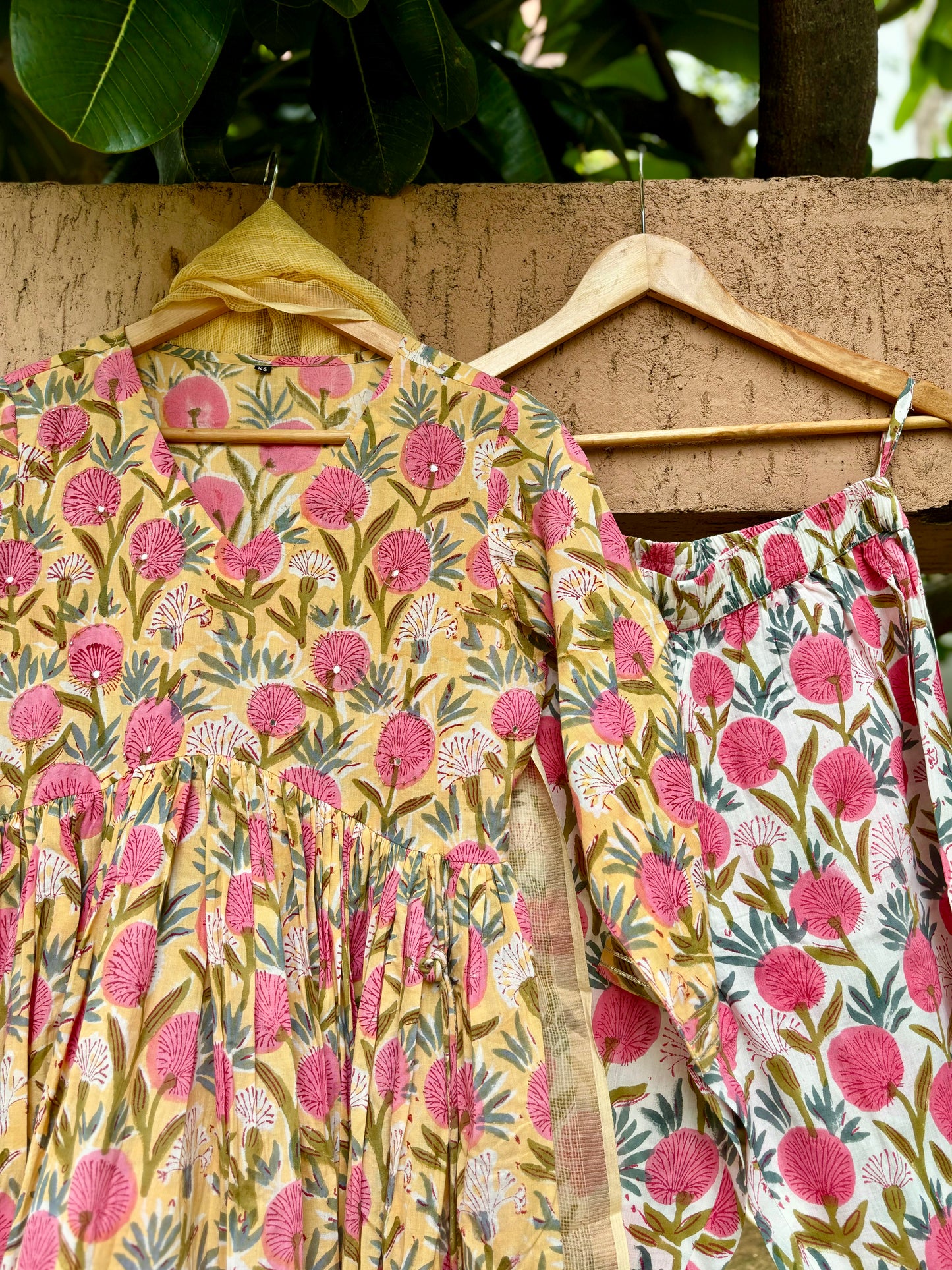 Yellow Floral Print Pure Hand-block Anarkali Suit Set