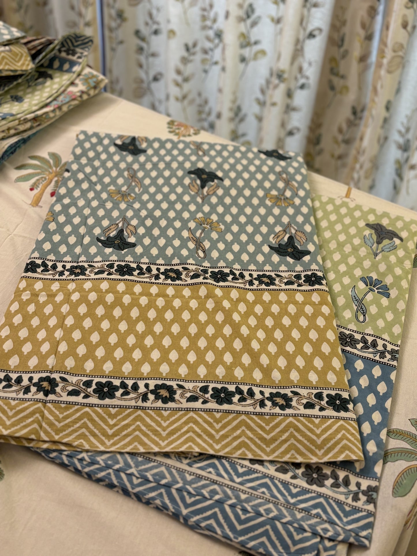 Blue & Mustard Butah Print Cotton Bedsheet Set