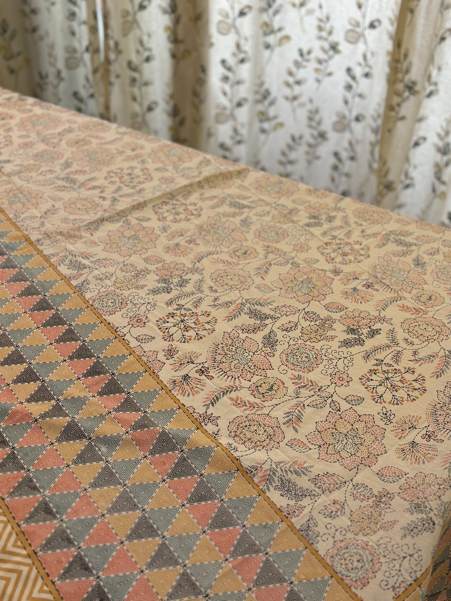 Kantha Stitch Block Print Pure Cotton Single Bed Sheet