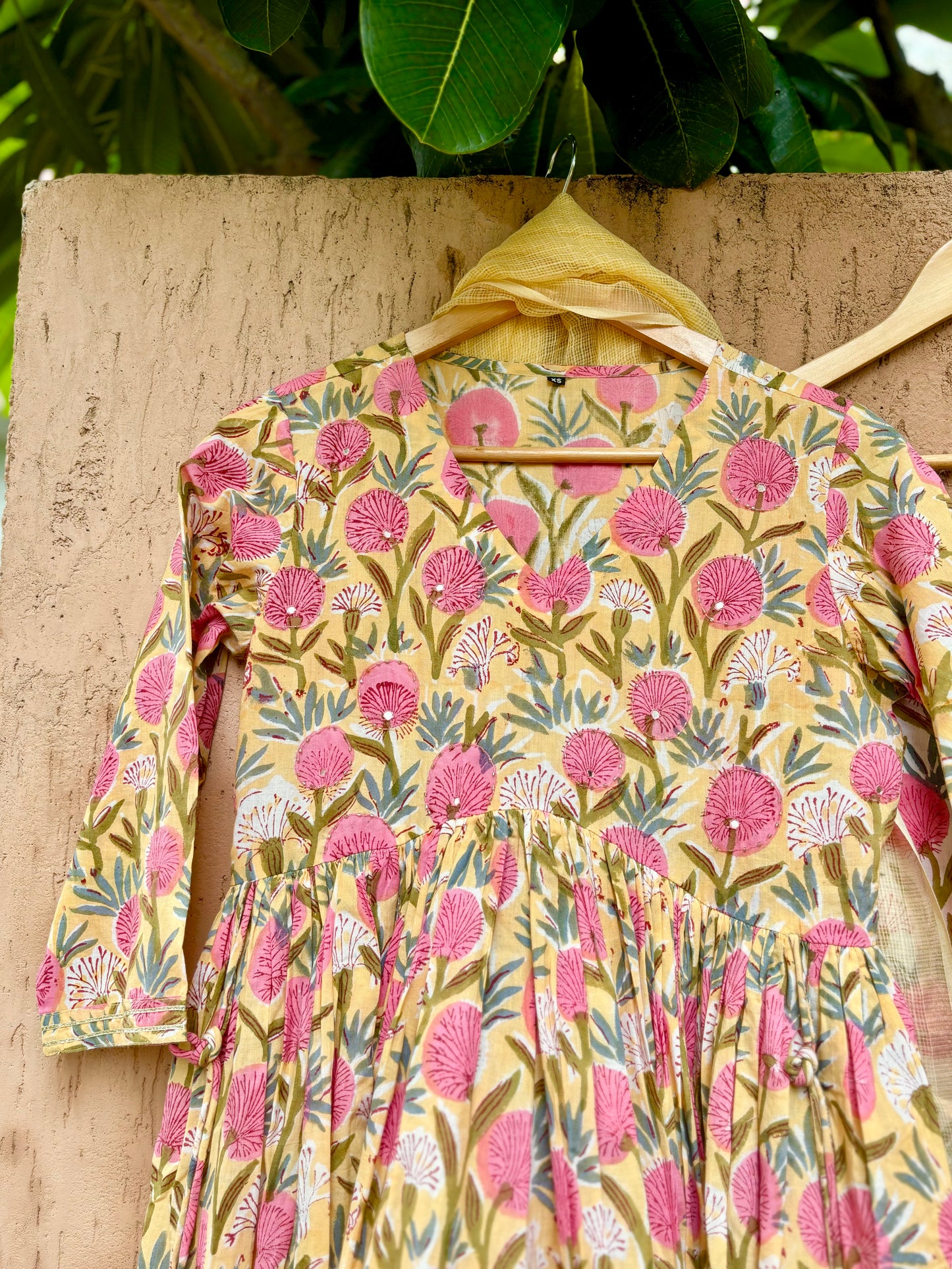 Yellow Floral Print Pure Hand-block Anarkali Suit Set