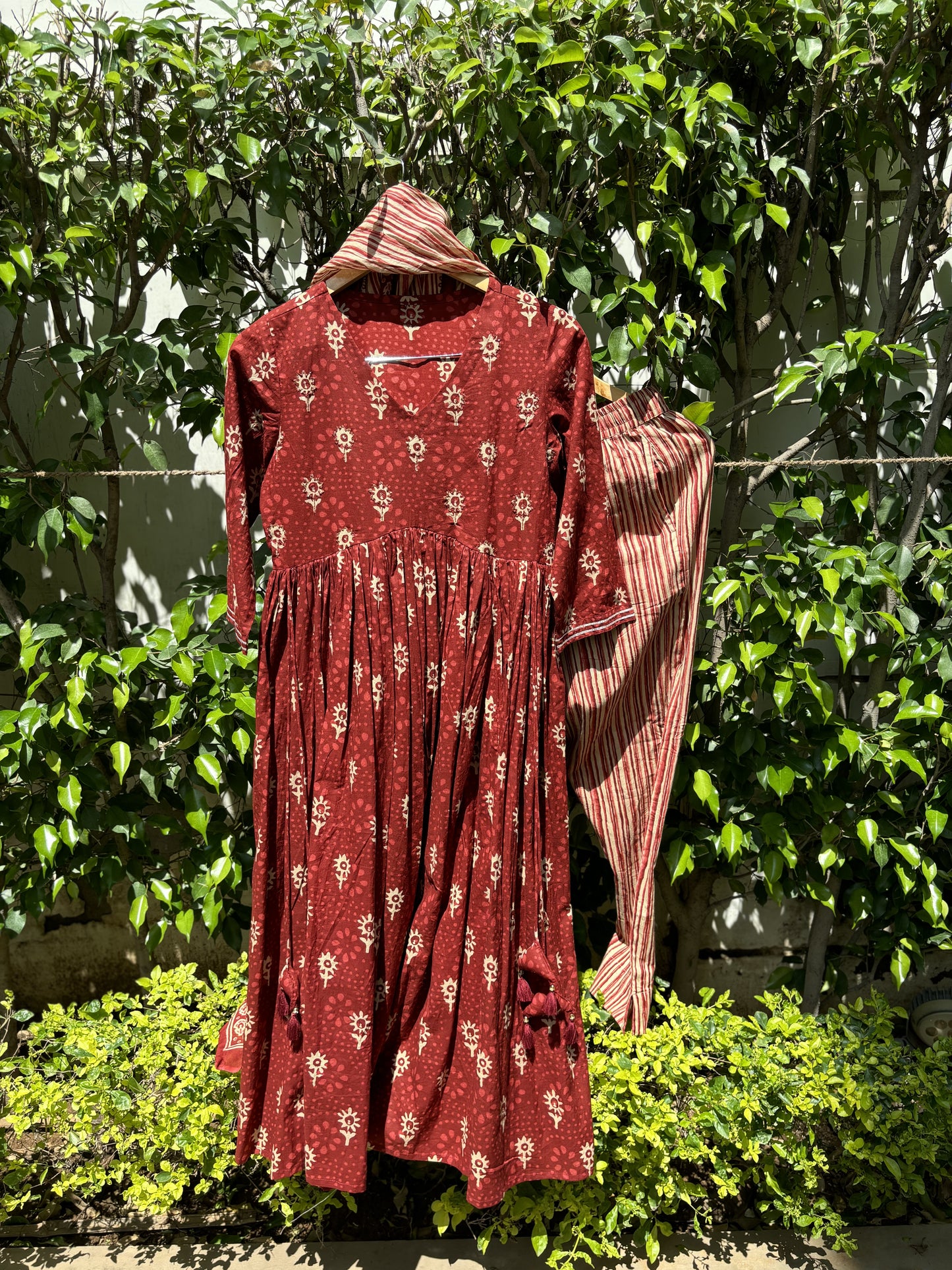 Red Dabu Cotton Anarkali Suit Set