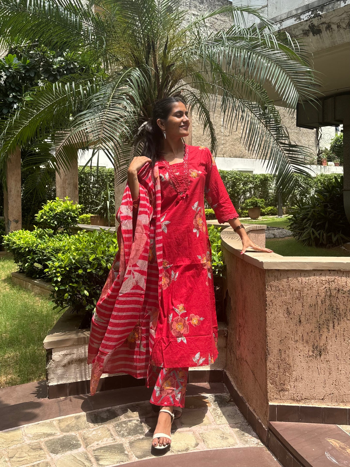 Floral Cotton Suit Set with Printed Dupatta