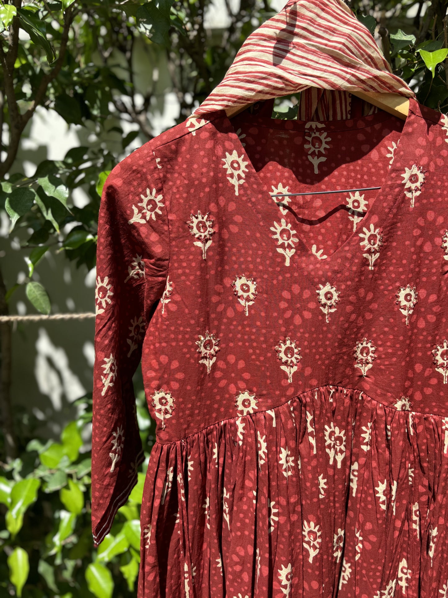 Red Dabu Cotton Anarkali Suit Set