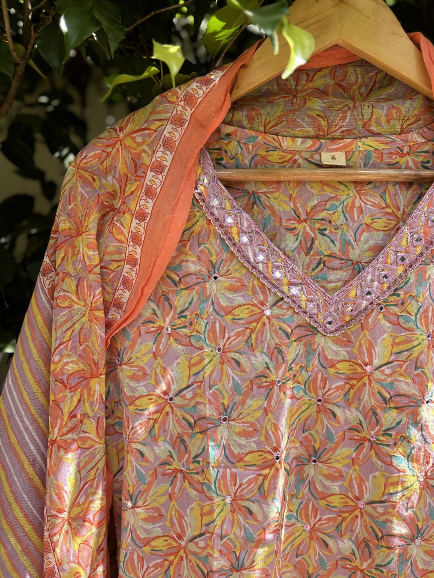 Peach Floral Print V-neck Cotton Straight Suit Set
