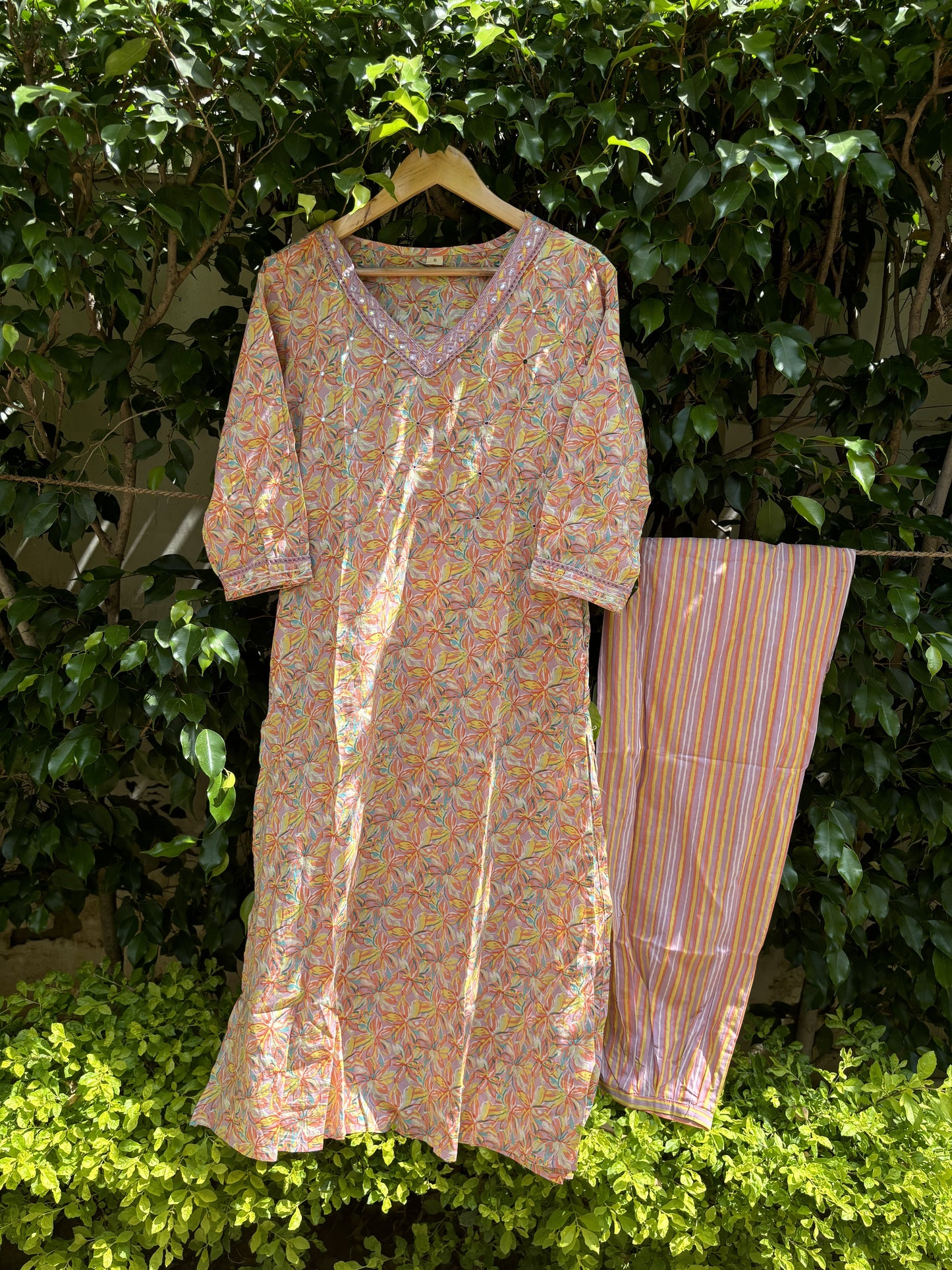 Peach Floral Print V-neck Cotton Straight Suit Set