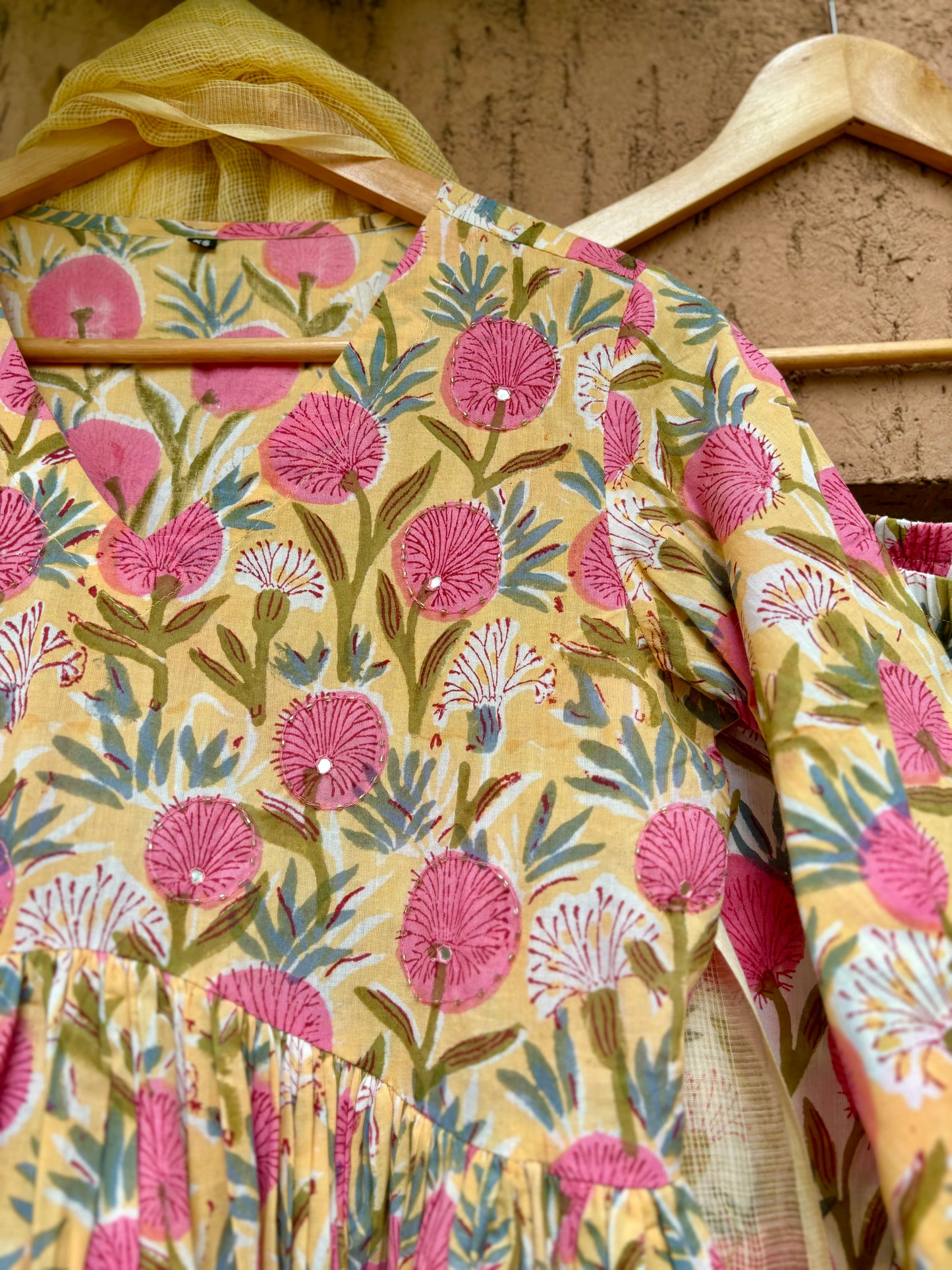 Yellow Floral Print Pure Hand-block Anarkali Suit Set
