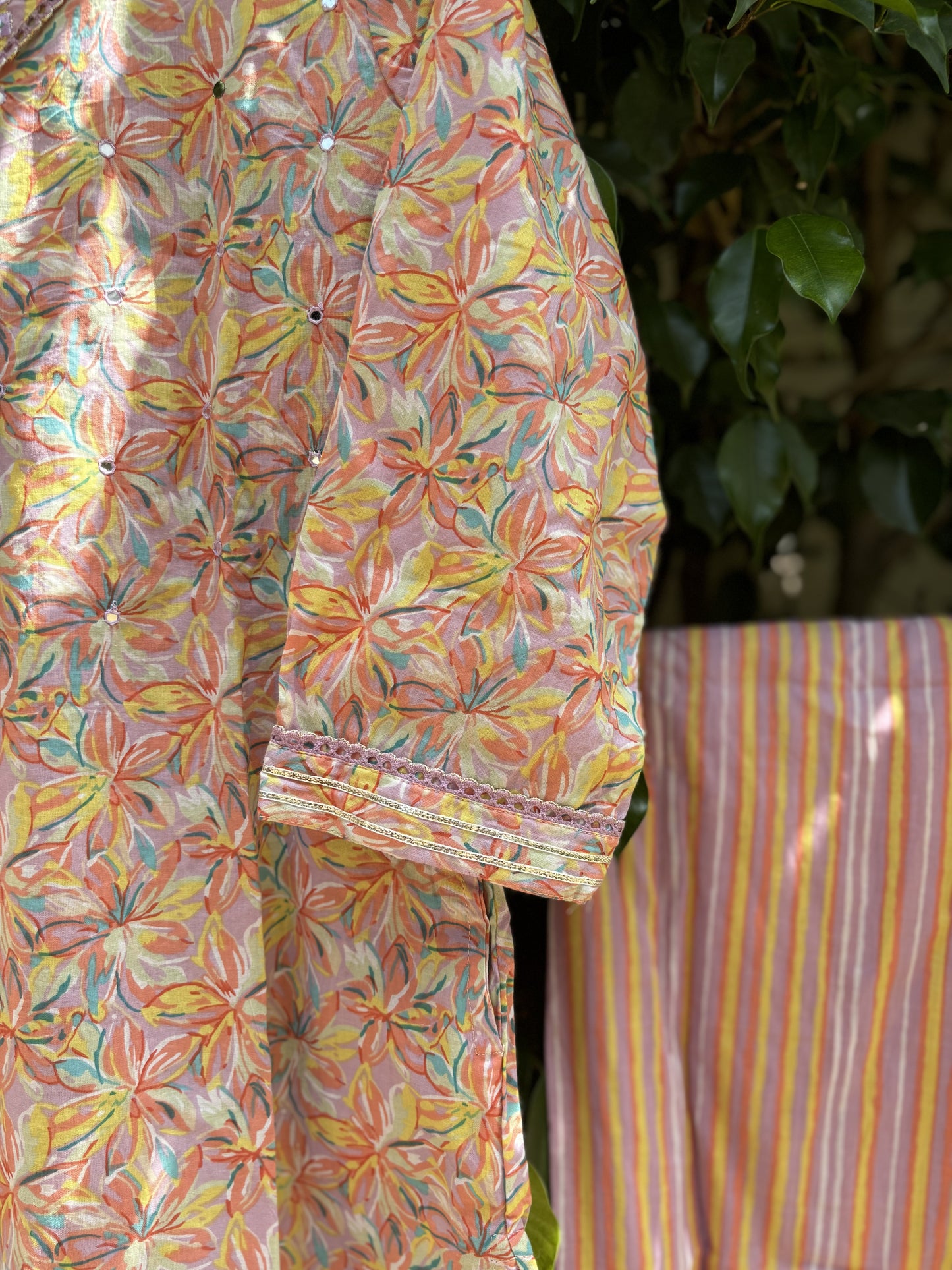 Peach Floral Print V-neck Cotton Straight Suit Set