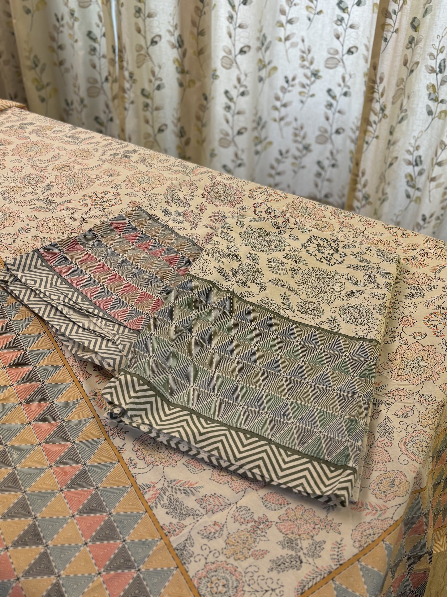 Kantha Stitch Block Print Pure Cotton Single Bed Sheet
