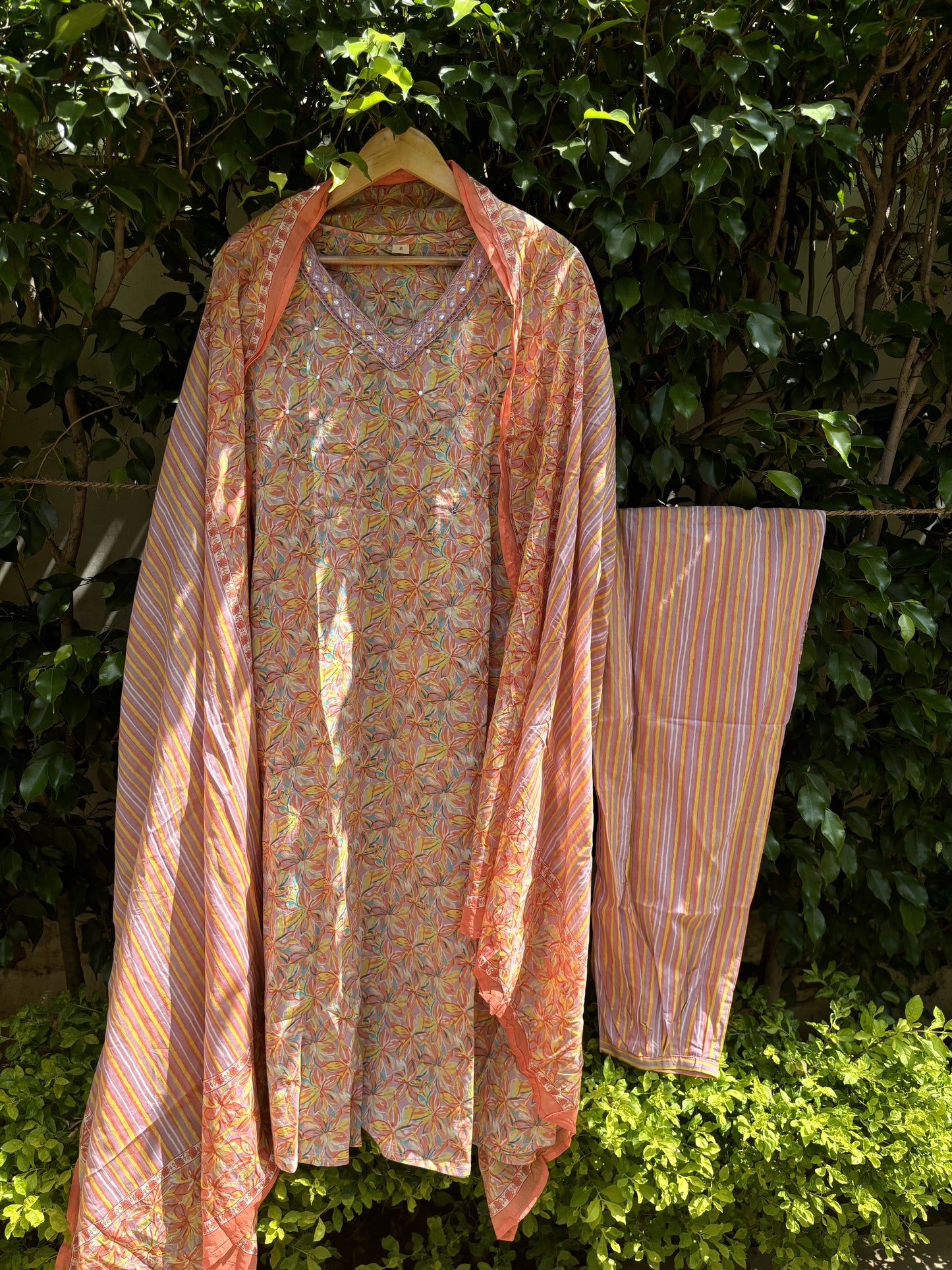 Peach Floral Print V-neck Cotton Straight Suit Set