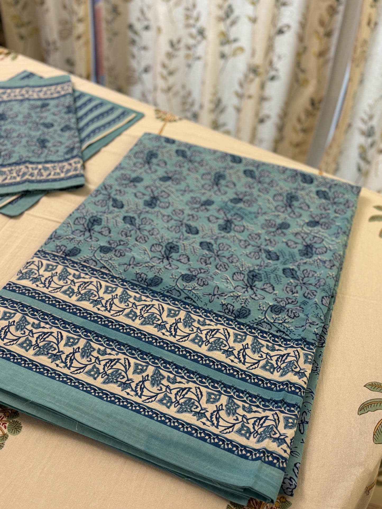 Floral Block Print Cotton Bedsheet Set (Teal Blue)
