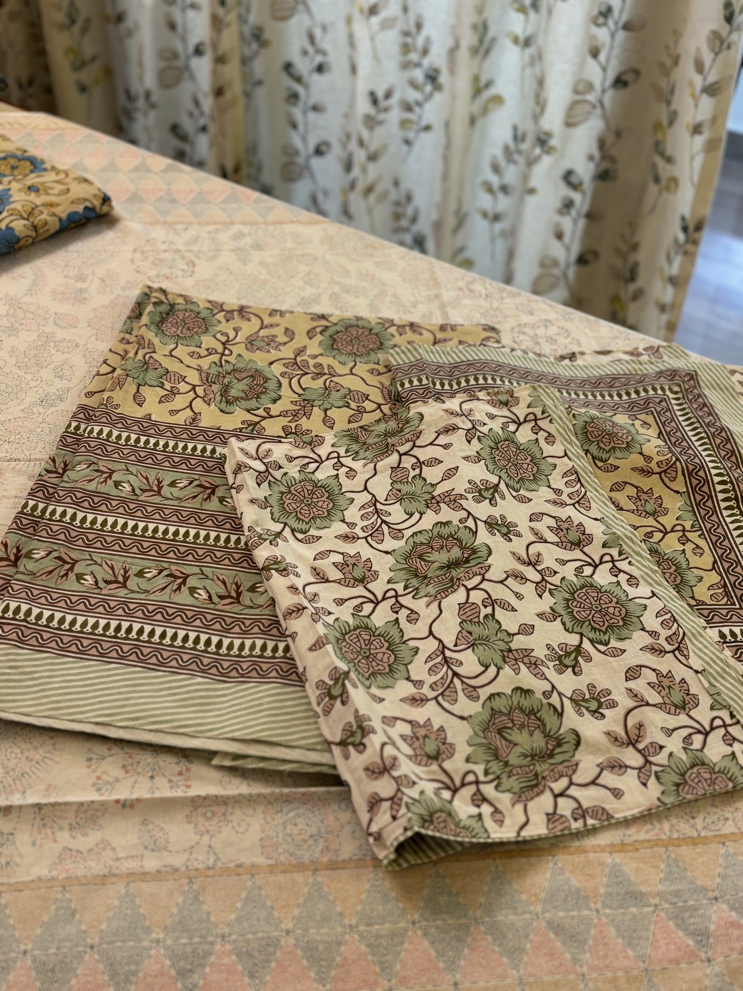 Hand Block Floral Cotton Bedsheet (Sage Green)