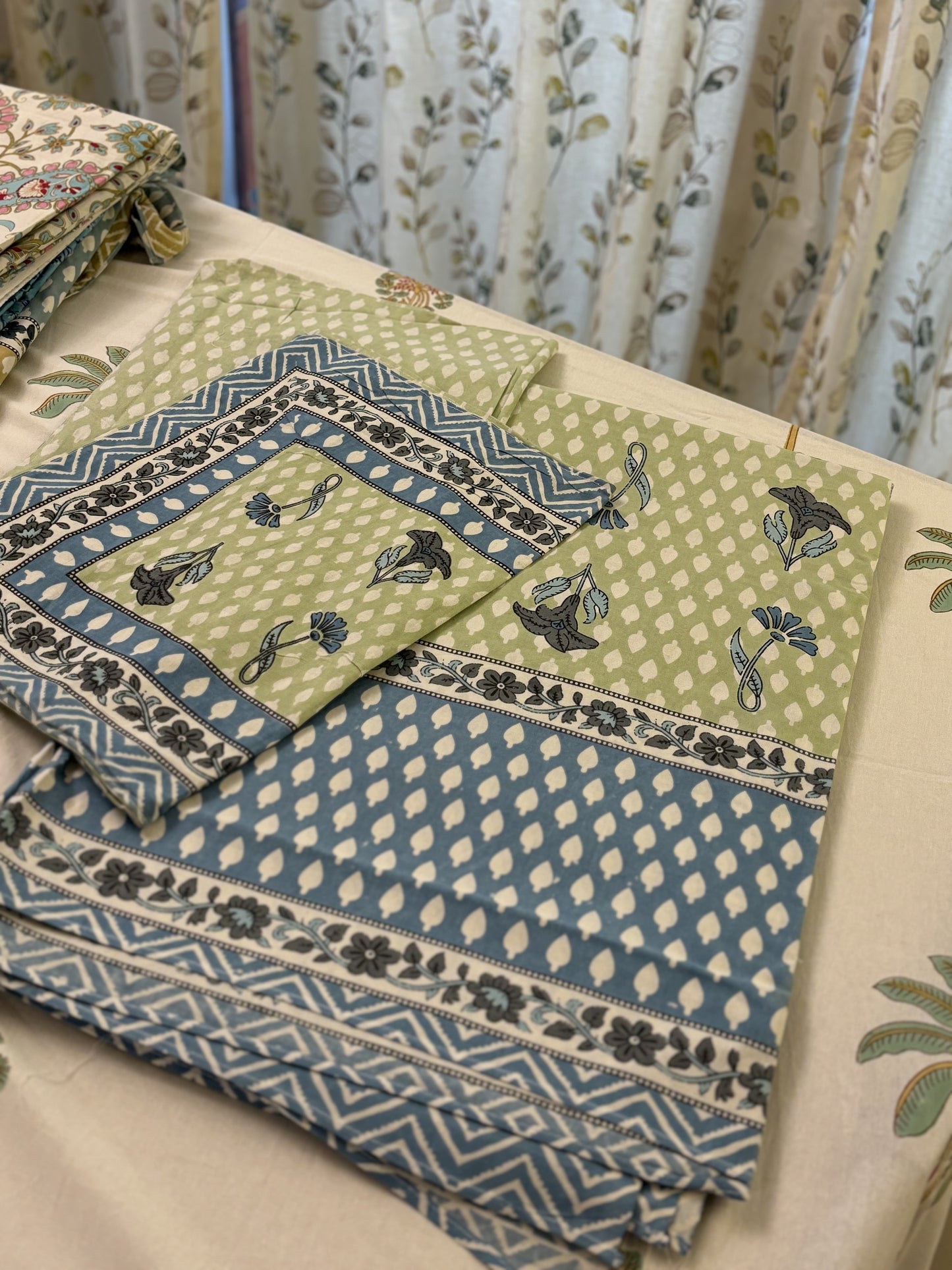 Sage Green & Blue Floral Butah Cotton Bedsheet Set