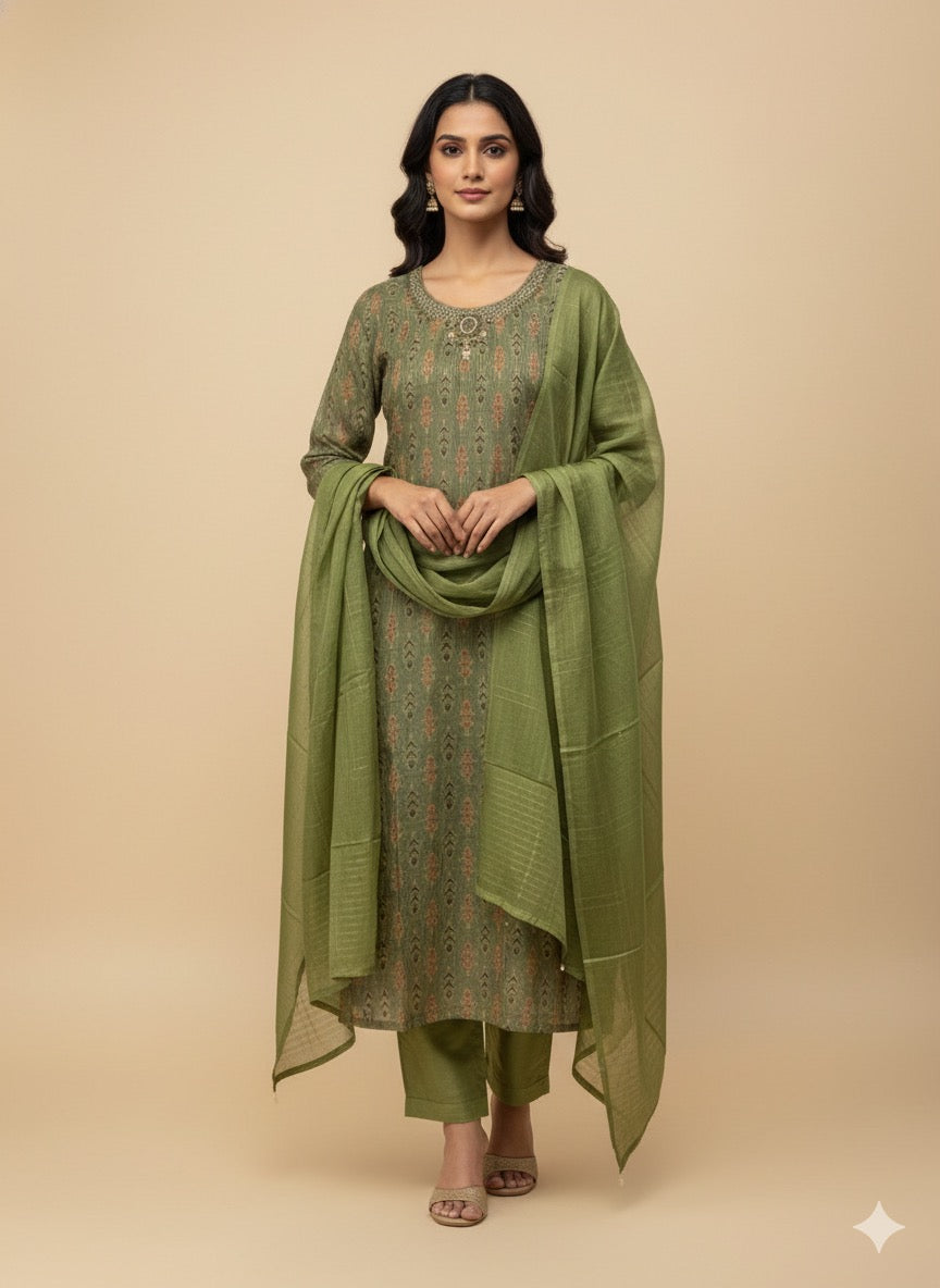 Green Silk Straight Suit Set