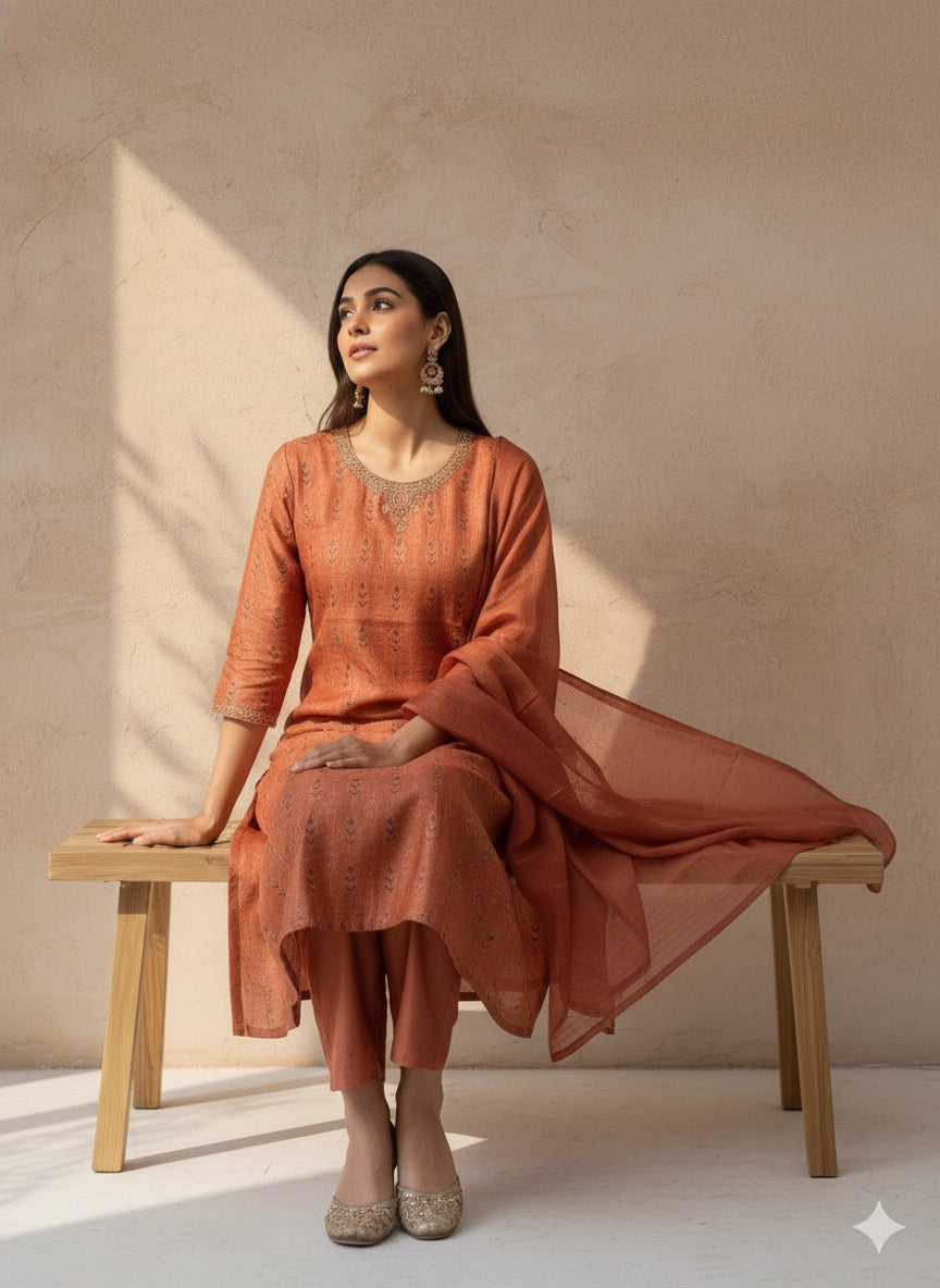 Orange Chanderi Straight Suit Set