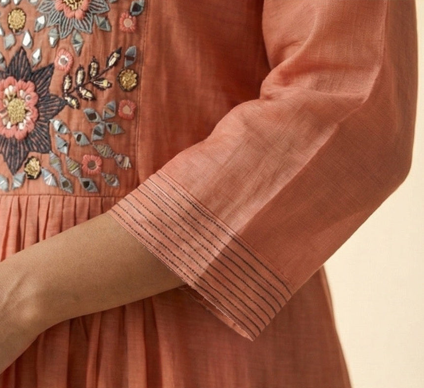 Rust Mul Chanderi A-Line Kurta Set