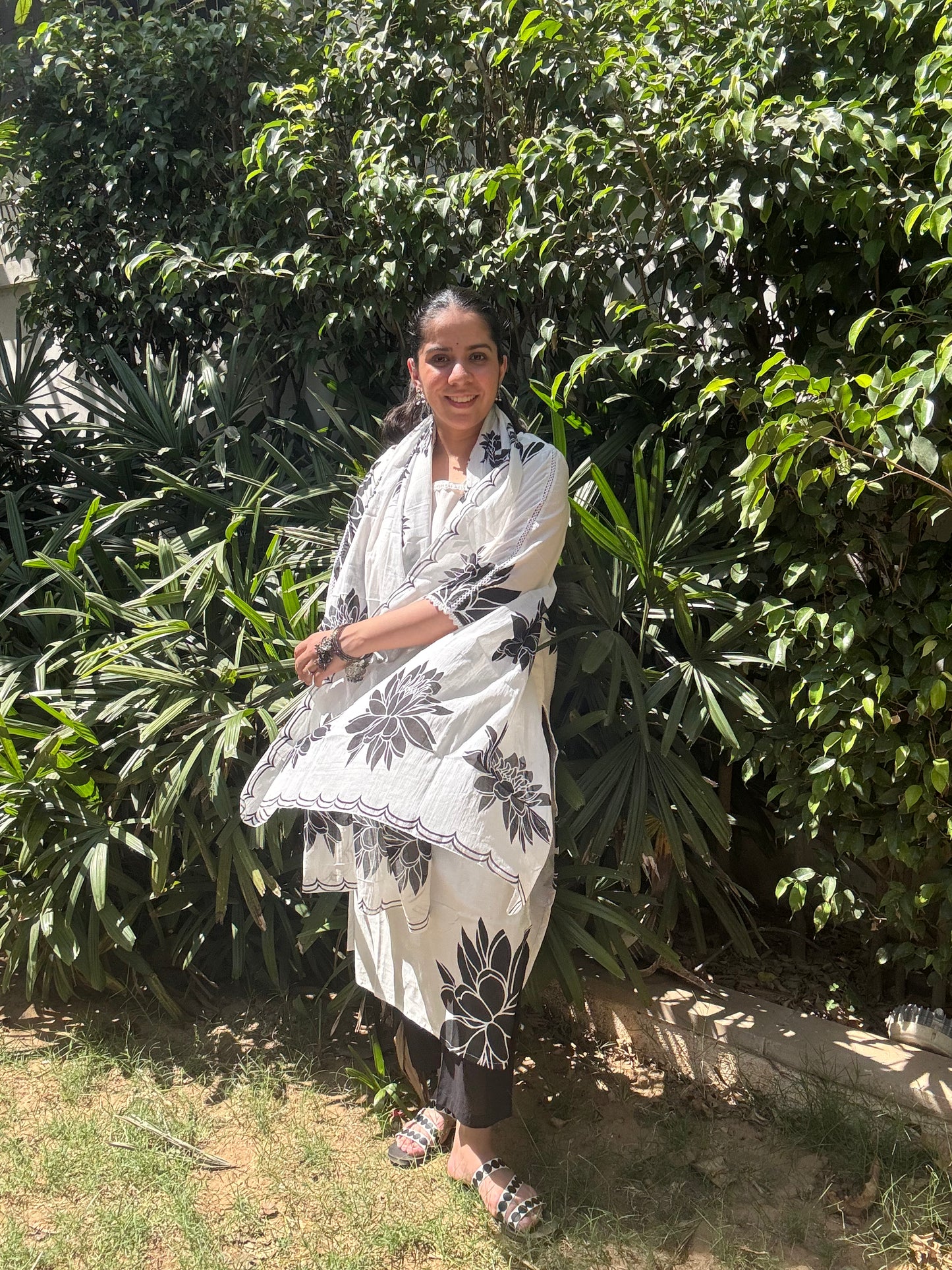 White Black Floral Printed Cotton Straight Suit Set