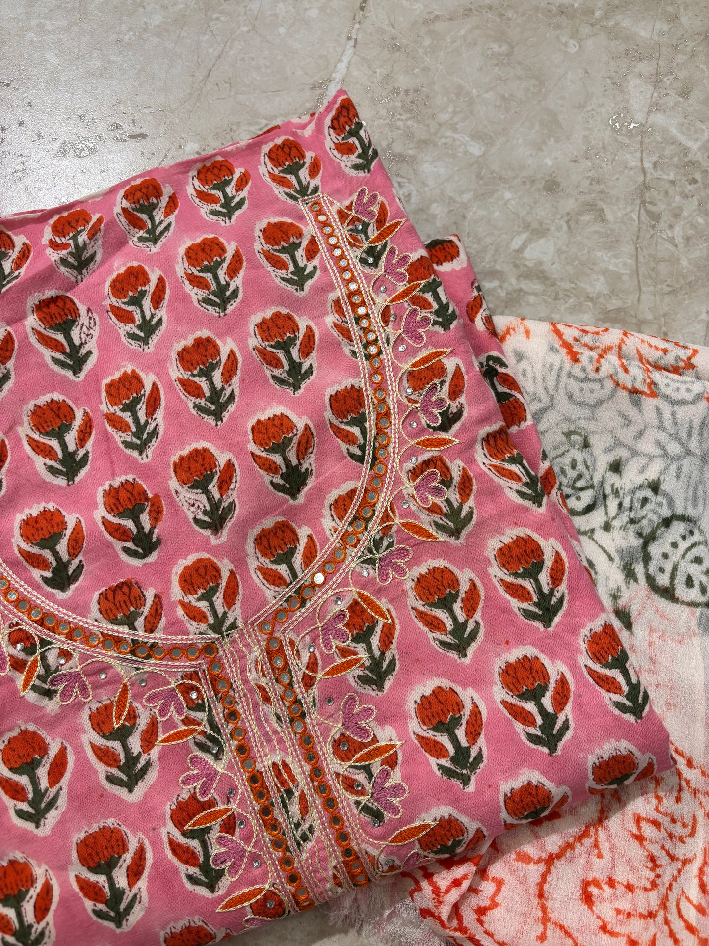 Thread Embroidered Cotton Block Printed Unstitched Suit Set