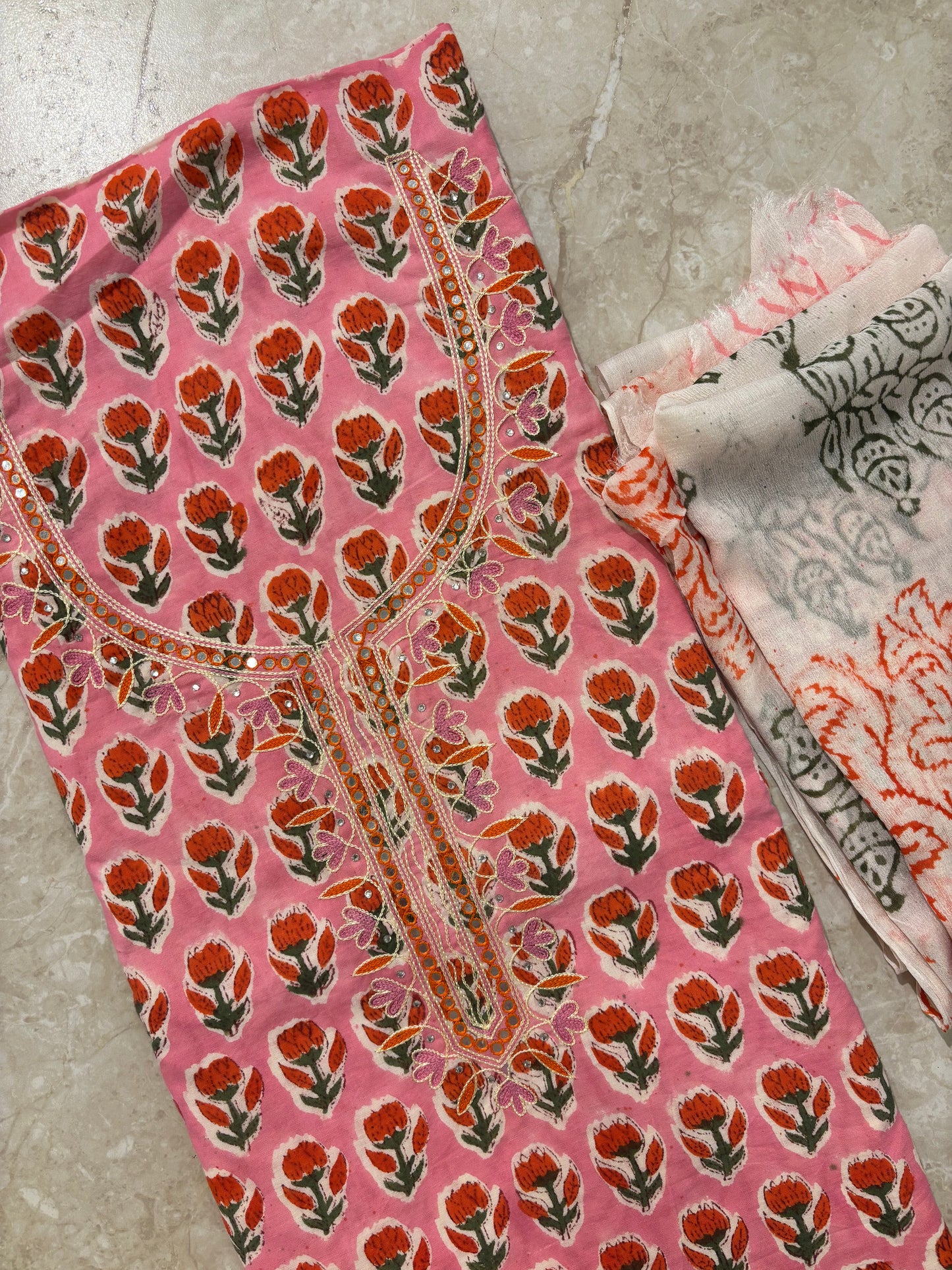 Thread Embroidered Cotton Block Printed Unstitched Suit Set