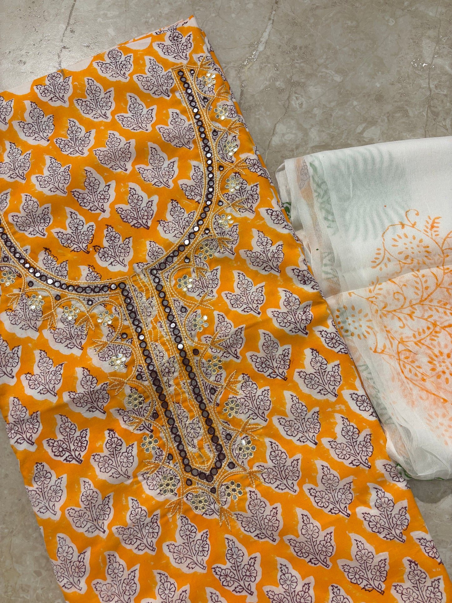 Thread Embroidered Cotton Block Printed Unstitched Suit Set