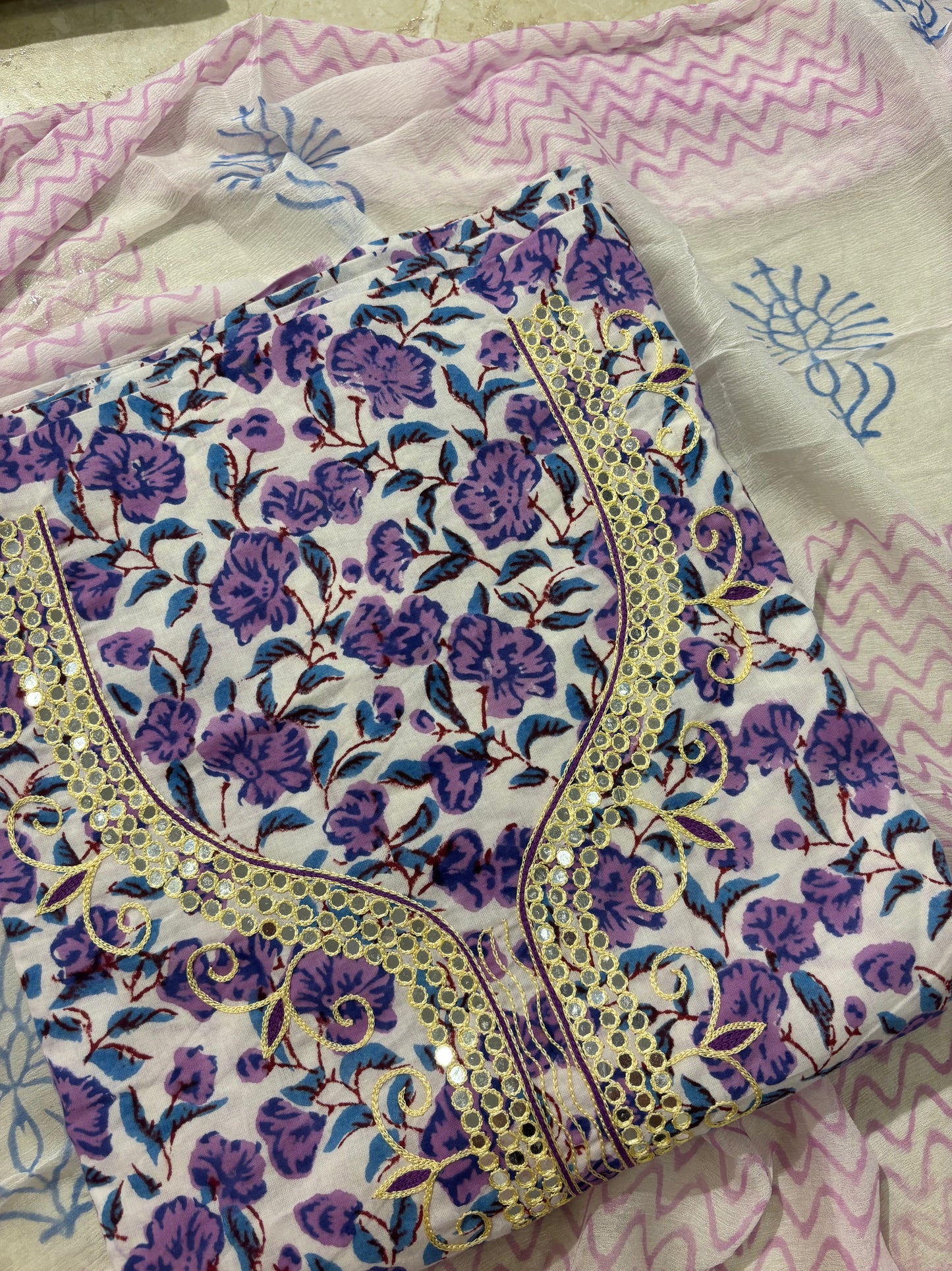 Thread Embroidered Cotton Block Printed Unstitched Suit Set