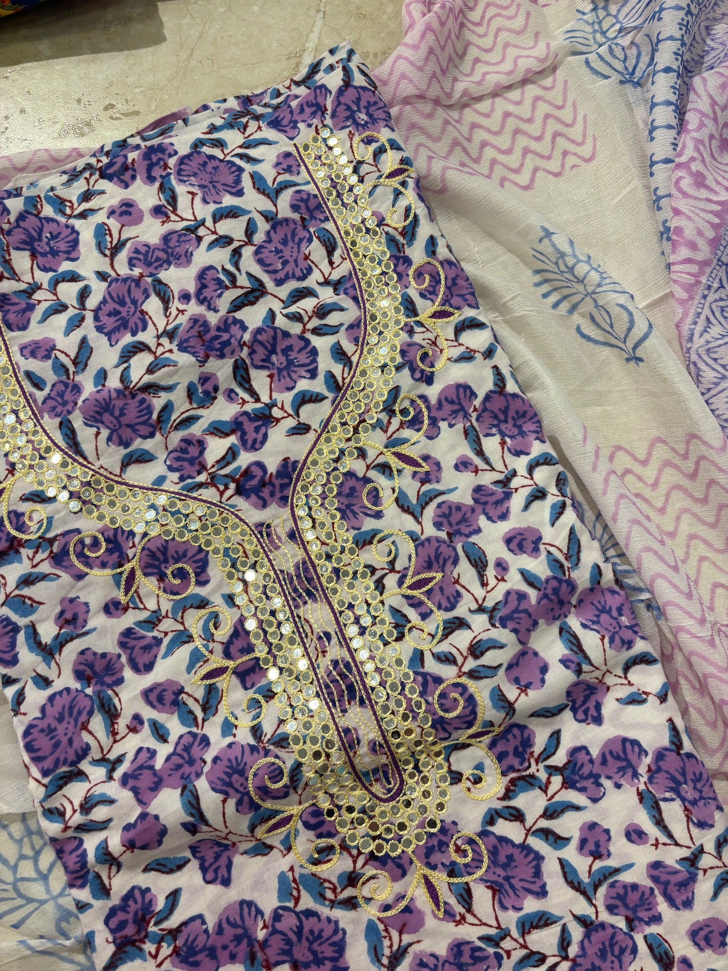 Thread Embroidered Cotton Block Printed Unstitched Suit Set