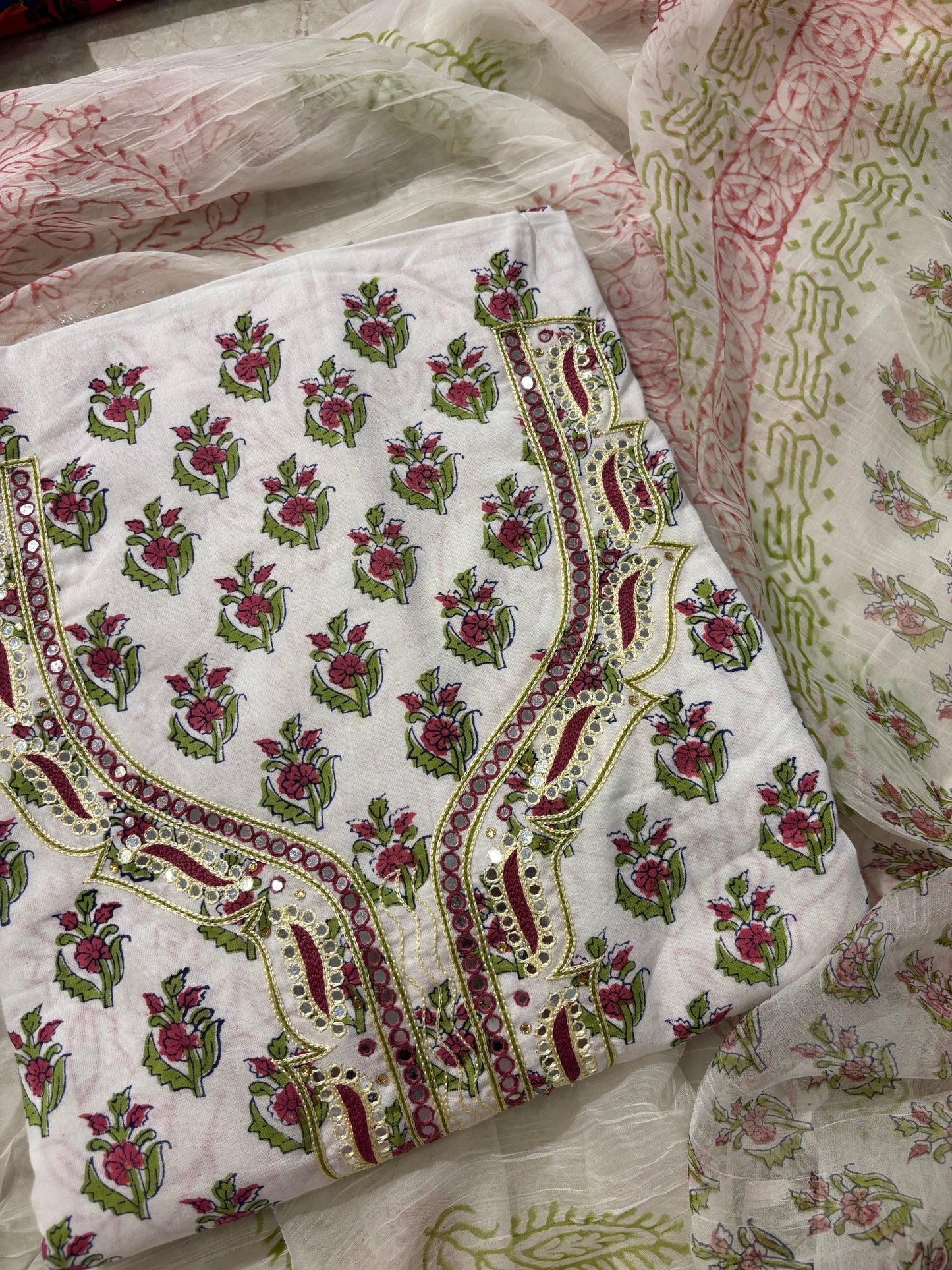 Thread Embroidered Cotton Block Printed Unstitched Suit Set