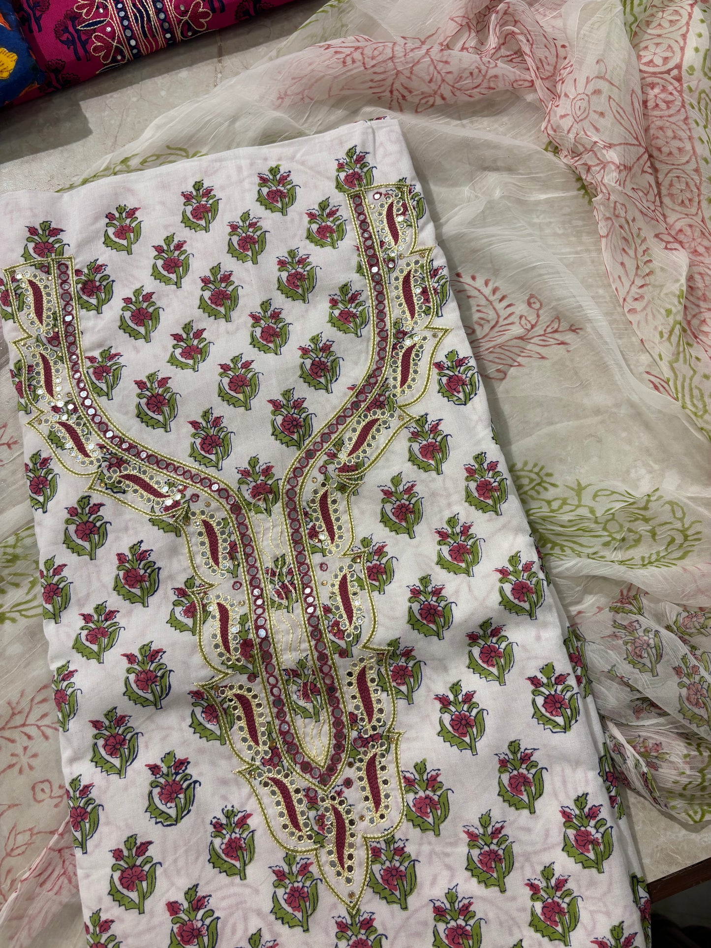 Thread Embroidered Cotton Block Printed Unstitched Suit Set