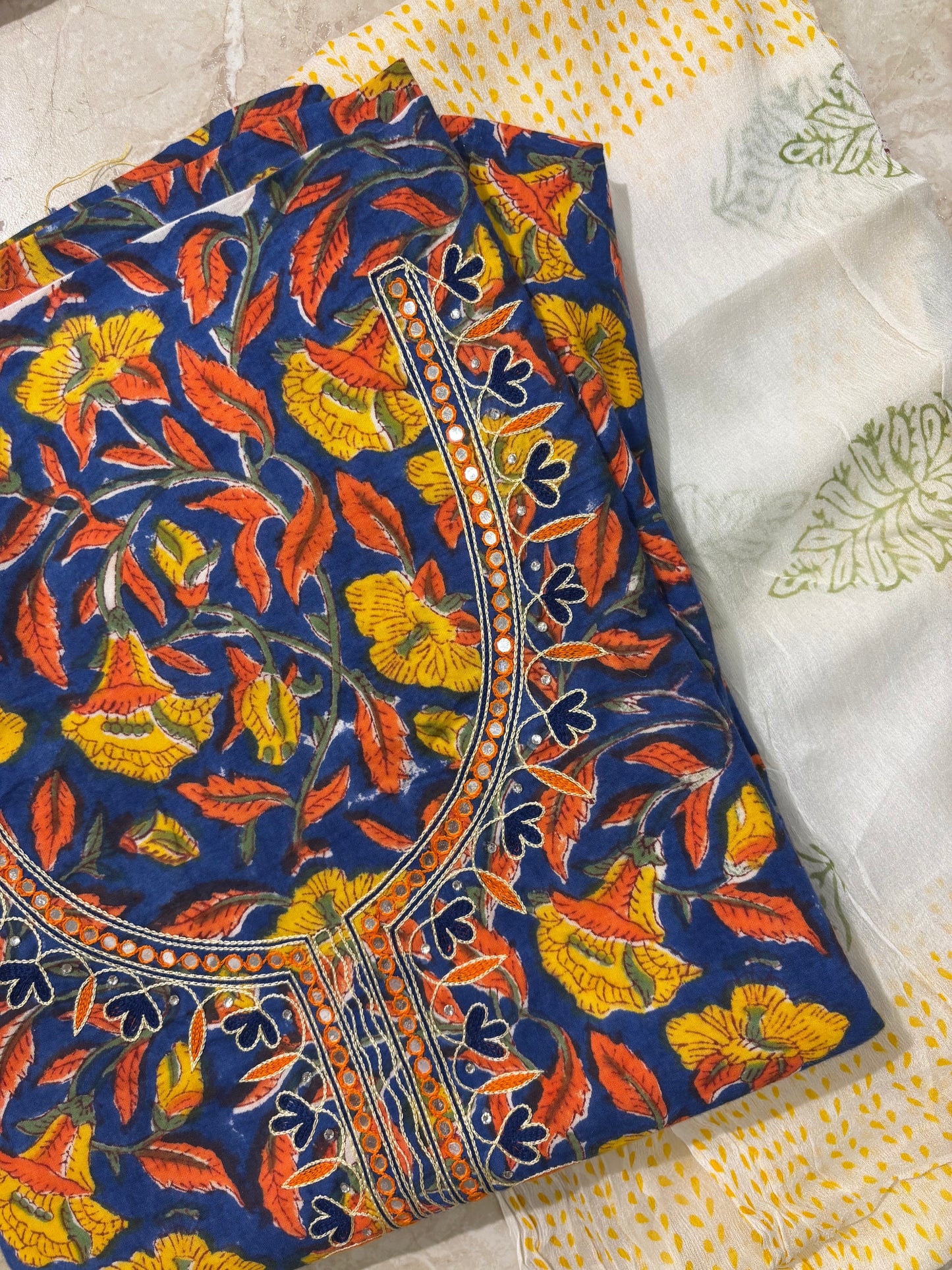Thread Embroidered Cotton Block Printed Unstitched Suit Set