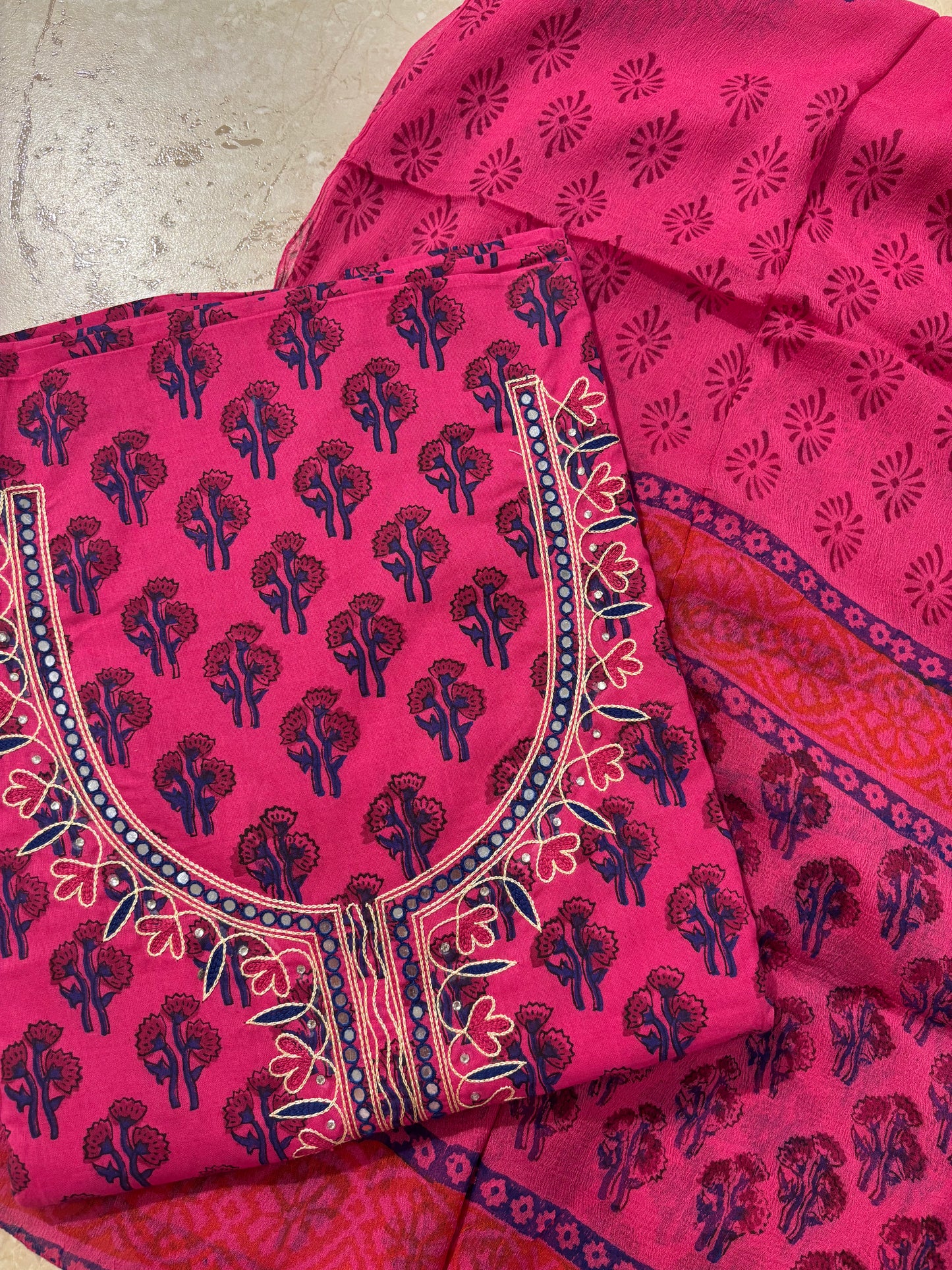 Thread Embroidered Cotton Block Printed Unstitched Suit Set