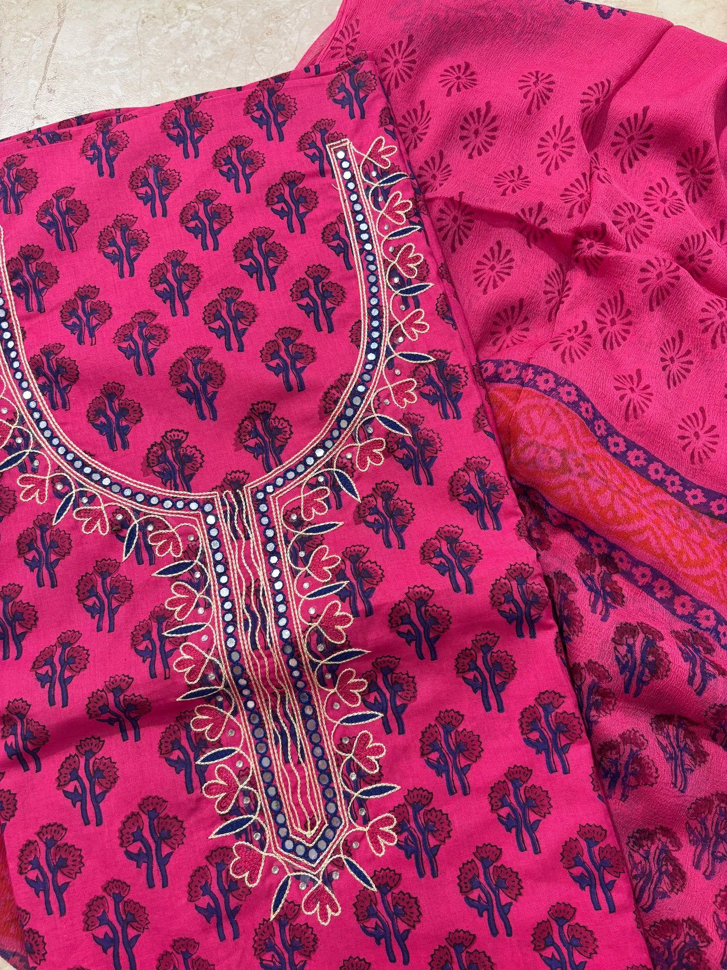 Thread Embroidered Cotton Block Printed Unstitched Suit Set