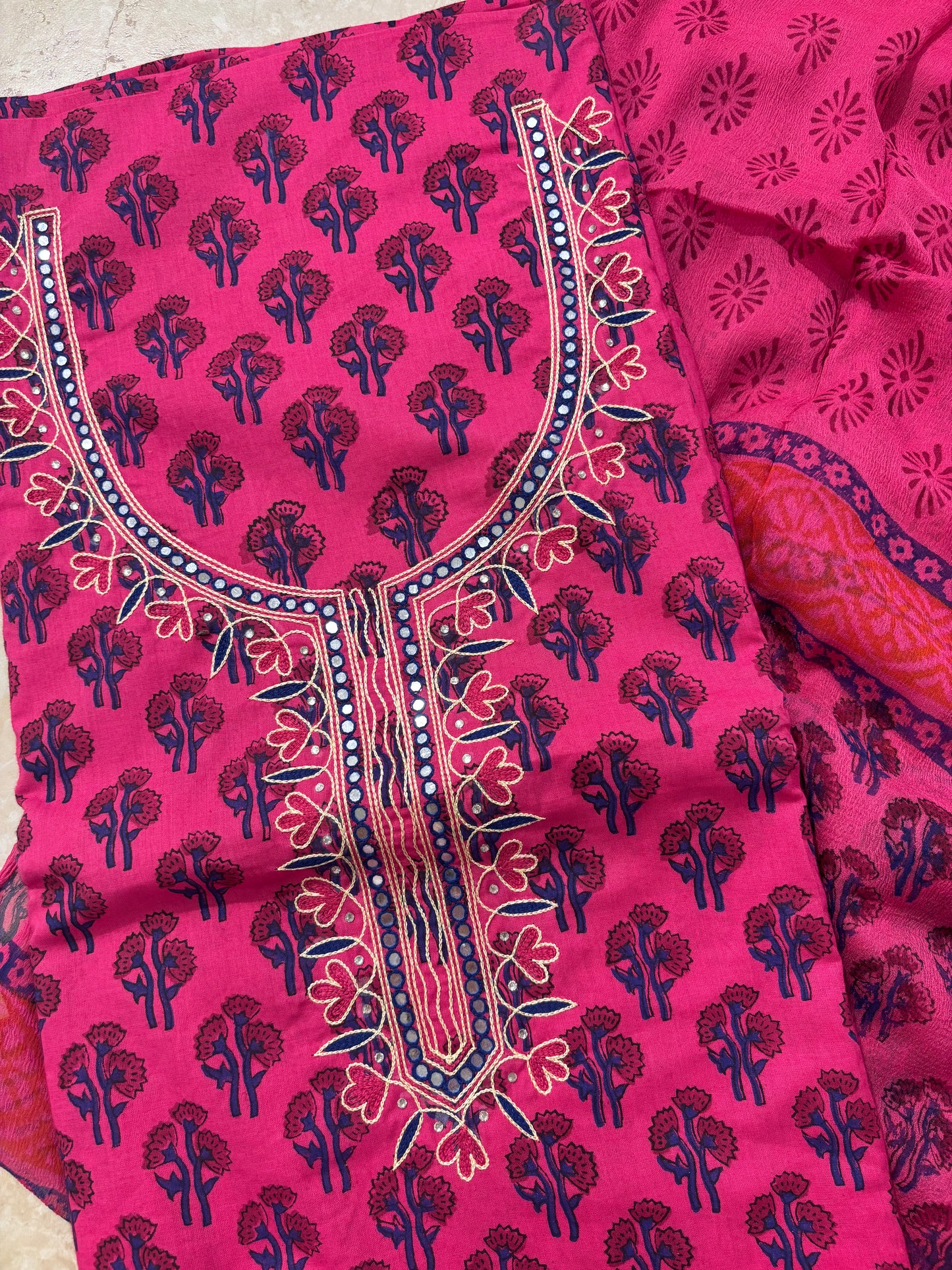 Thread Embroidered Cotton Block Printed Unstitched Suit Set