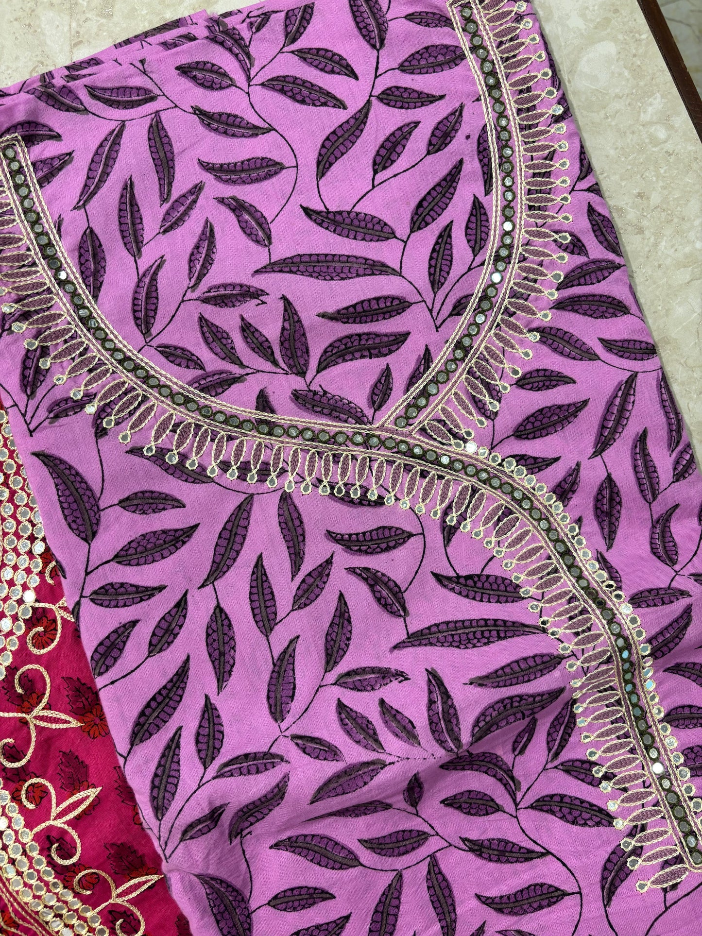 Thread Embroidered Cotton Block Printed Unstitched Suit Set